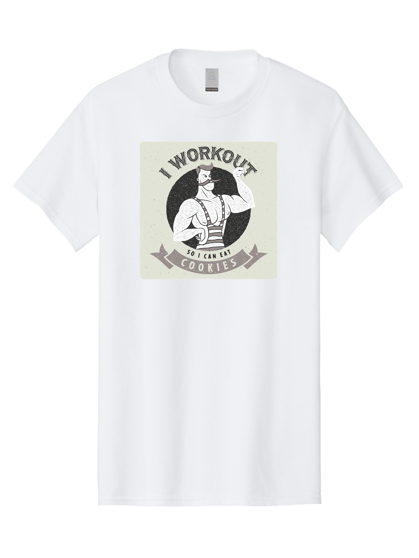 I-Workout-So-I-Can-Eat-Cookies Men'S Graphic Tee, 100% Cotton, Comfortable Casual Summer Wear, Machine Washable, Vintage Fitness Illustration, Muscular Man With Handlebar Mustache, Comic Style Graphic, Humorous Workout Quote, Flexing Muscles, Aac438