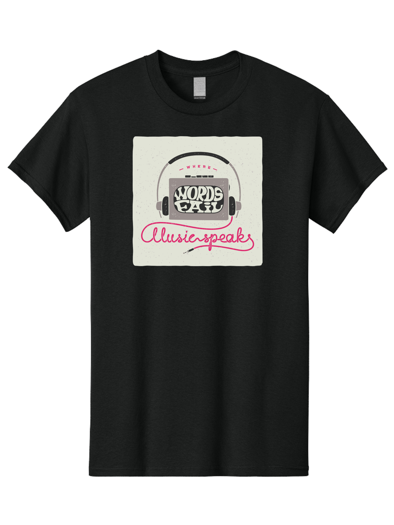 Where-Words-Fail-Music-Speaks-1 Men'S Graphic Tee, 100% Cotton, Comfortable Casual Summer Wear, Machine Washable, Music Speaks, Where Words Fail, Inspirational Quotes, Motivational Phrases, Music Headphones, Retro Style, Artistic Expression, Aac440
