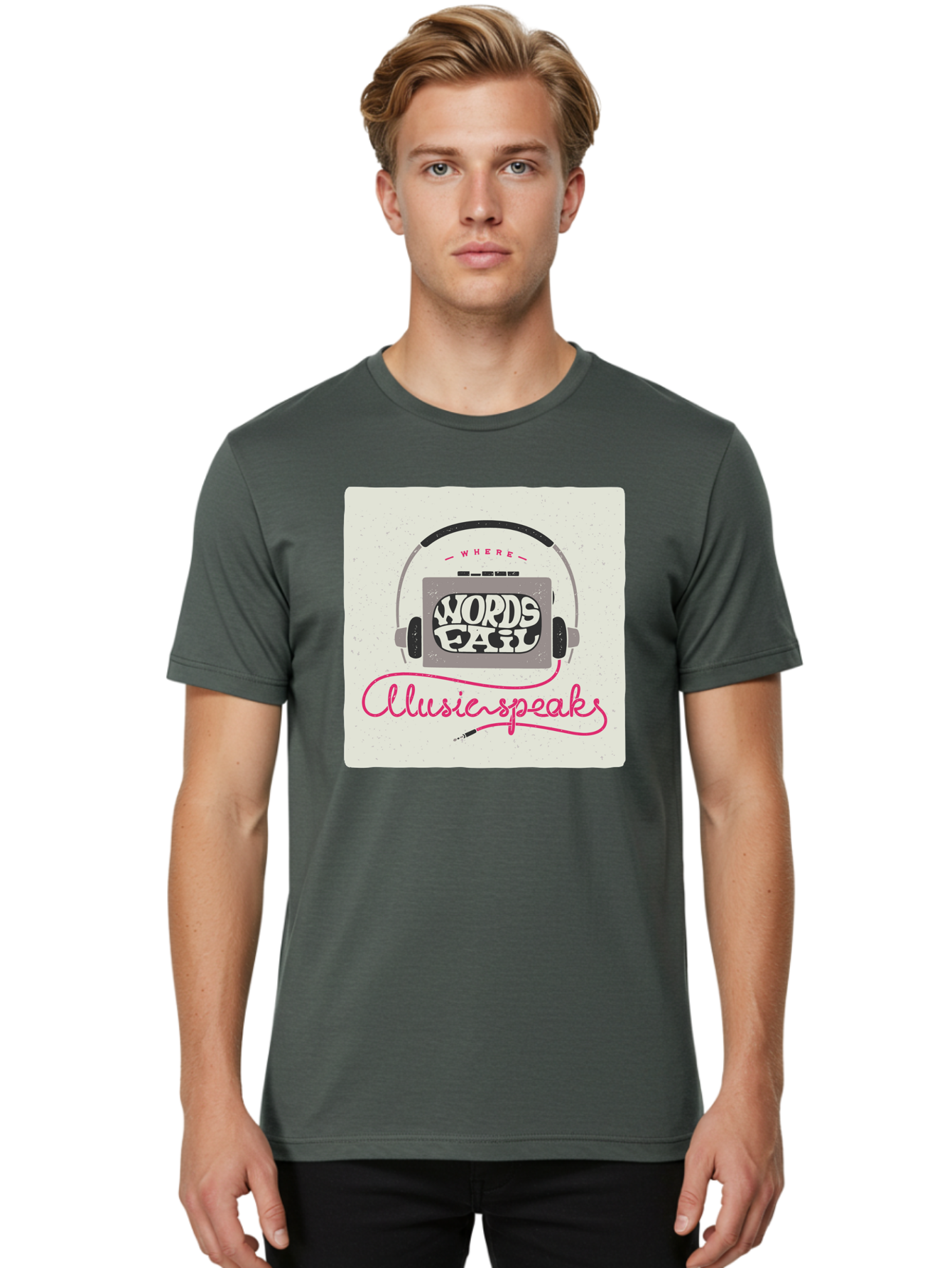 Where-Words-Fail-Music-Speaks-1 Men'S Graphic Tee, 100% Cotton, Comfortable Casual Summer Wear, Machine Washable, Music Speaks, Where Words Fail, Inspirational Quotes, Motivational Phrases, Music Headphones, Retro Style, Artistic Expression, Aac440