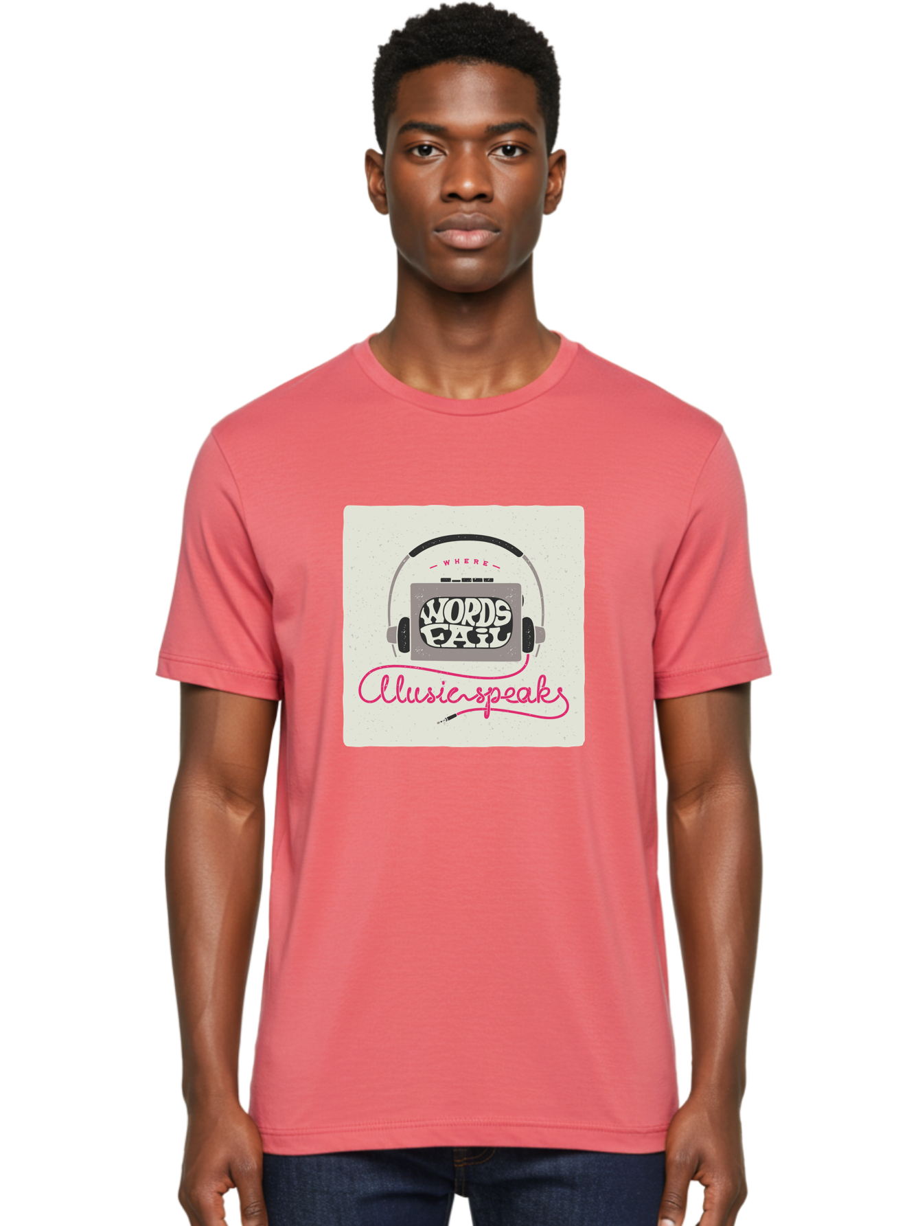 Where-Words-Fail-Music-Speaks-1 Men'S Graphic Tee, 100% Cotton, Comfortable Casual Summer Wear, Machine Washable, Music Speaks, Where Words Fail, Inspirational Quotes, Motivational Phrases, Music Headphones, Retro Style, Artistic Expression, Aac440