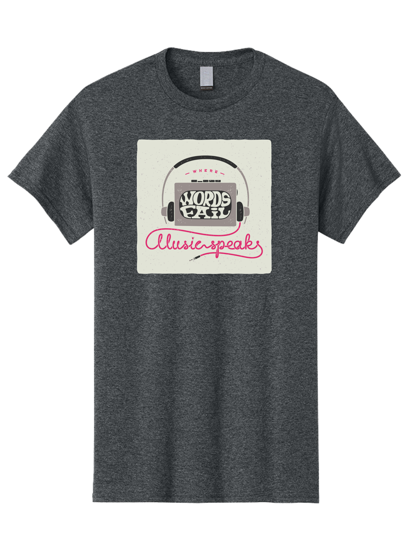 Where-Words-Fail-Music-Speaks-1 Men'S Graphic Tee, 100% Cotton, Comfortable Casual Summer Wear, Machine Washable, Music Speaks, Where Words Fail, Inspirational Quotes, Motivational Phrases, Music Headphones, Retro Style, Artistic Expression, Aac440