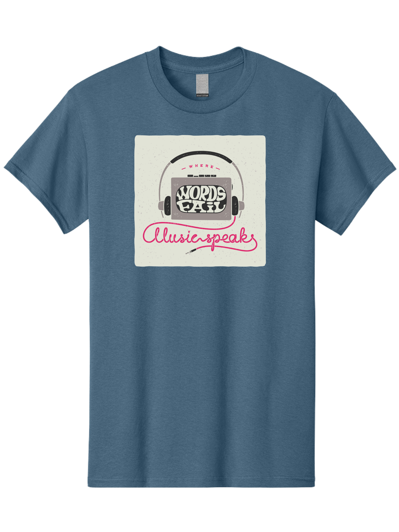 Where-Words-Fail-Music-Speaks-1 Men'S Graphic Tee, 100% Cotton, Comfortable Casual Summer Wear, Machine Washable, Music Speaks, Where Words Fail, Inspirational Quotes, Motivational Phrases, Music Headphones, Retro Style, Artistic Expression, Aac440