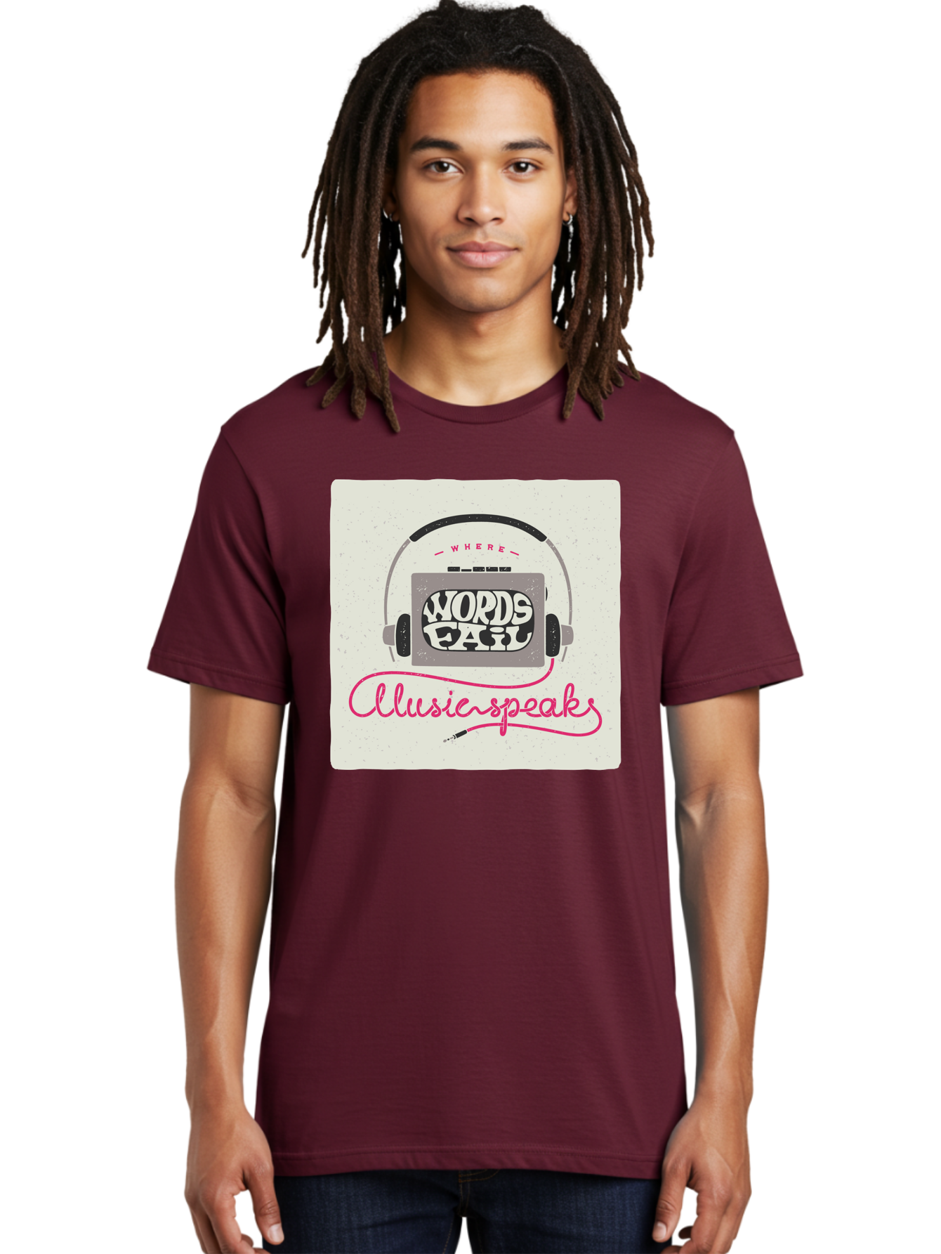 Where-Words-Fail-Music-Speaks-1 Men'S Graphic Tee, 100% Cotton, Comfortable Casual Summer Wear, Machine Washable, Music Speaks, Where Words Fail, Inspirational Quotes, Motivational Phrases, Music Headphones, Retro Style, Artistic Expression, Aac440