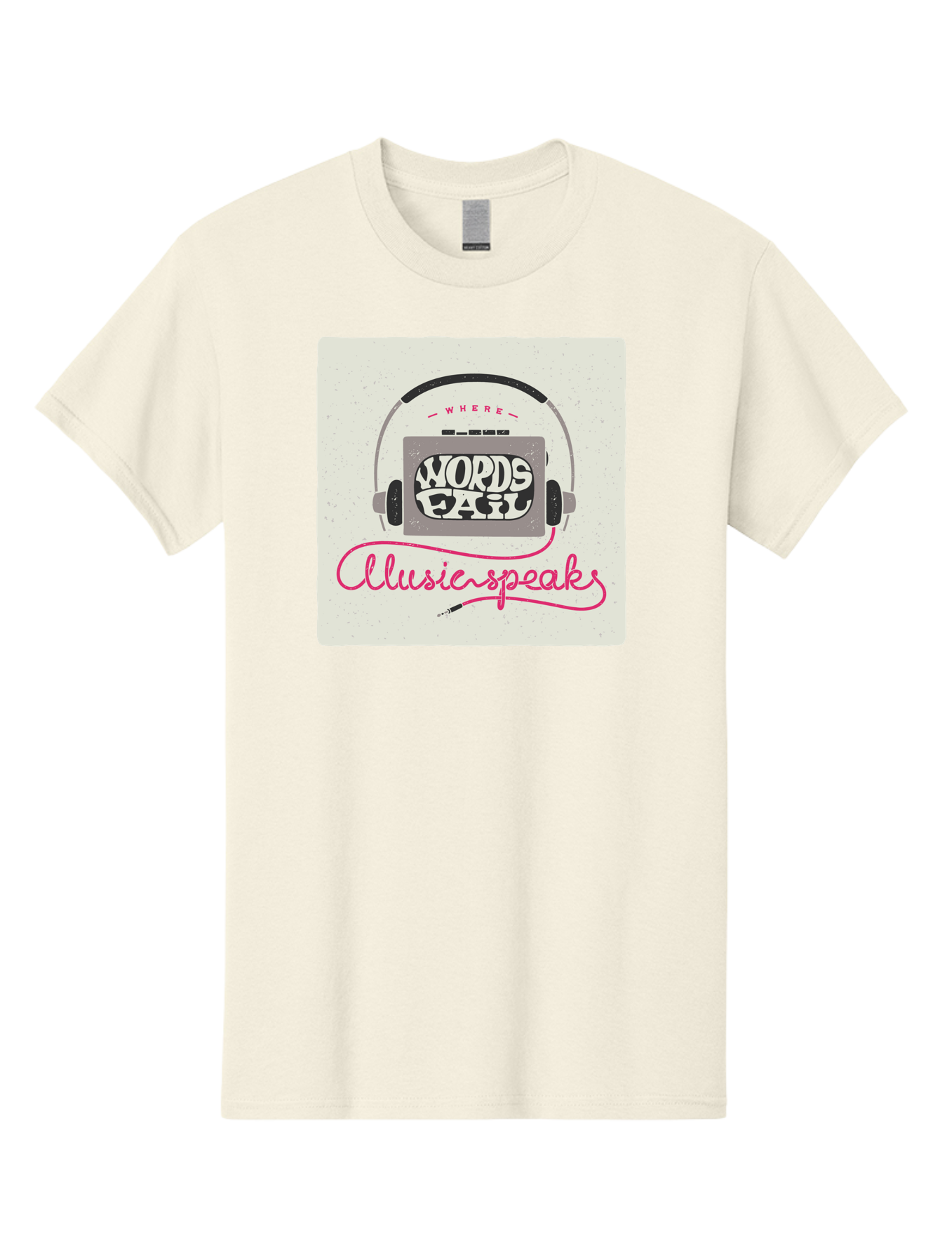 Where-Words-Fail-Music-Speaks-1 Men'S Graphic Tee, 100% Cotton, Comfortable Casual Summer Wear, Machine Washable, Music Speaks, Where Words Fail, Inspirational Quotes, Motivational Phrases, Music Headphones, Retro Style, Artistic Expression, Aac440