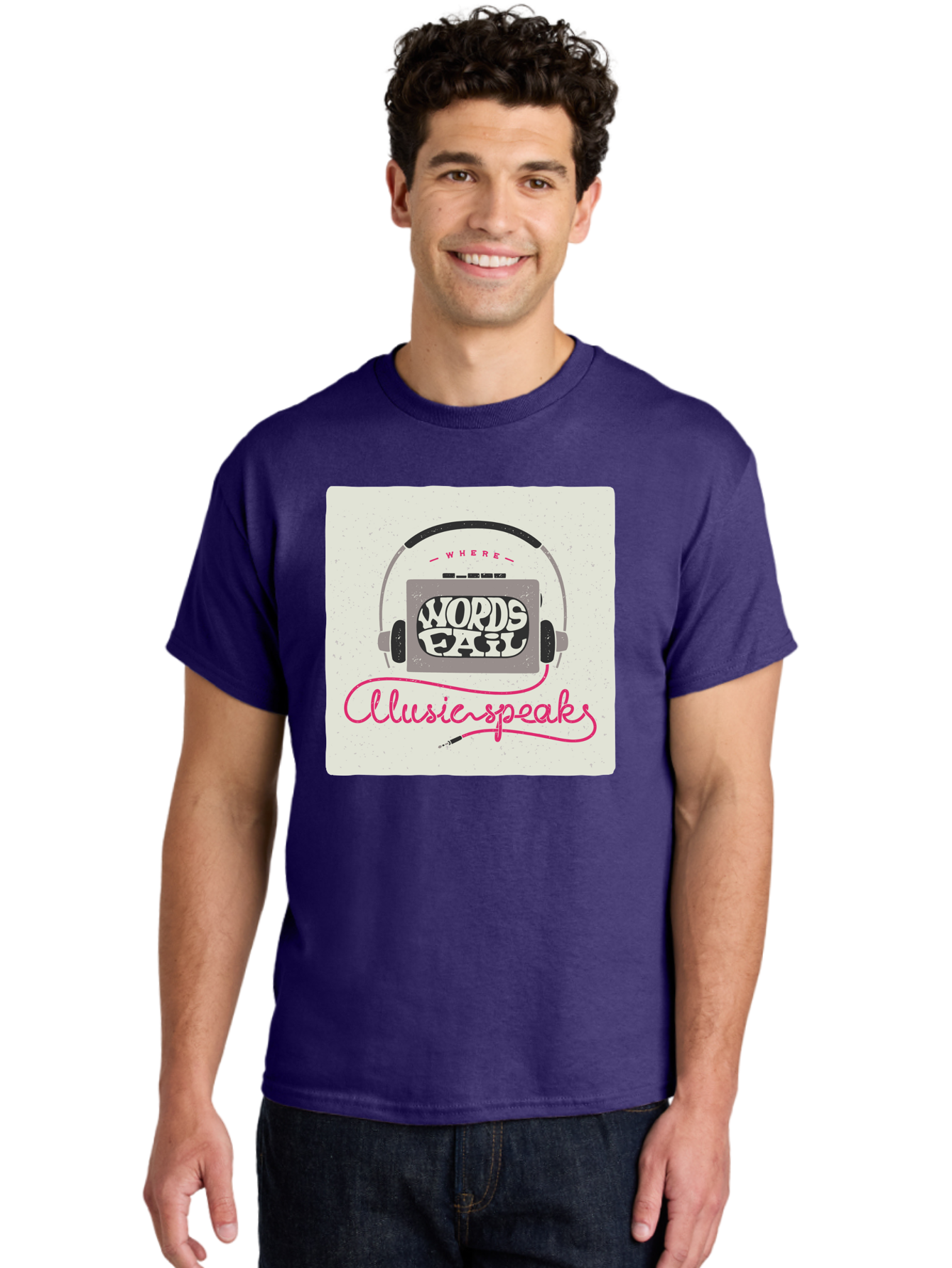 Where-Words-Fail-Music-Speaks-1 Men'S Graphic Tee, 100% Cotton, Comfortable Casual Summer Wear, Machine Washable, Music Speaks, Where Words Fail, Inspirational Quotes, Motivational Phrases, Music Headphones, Retro Style, Artistic Expression, Aac440