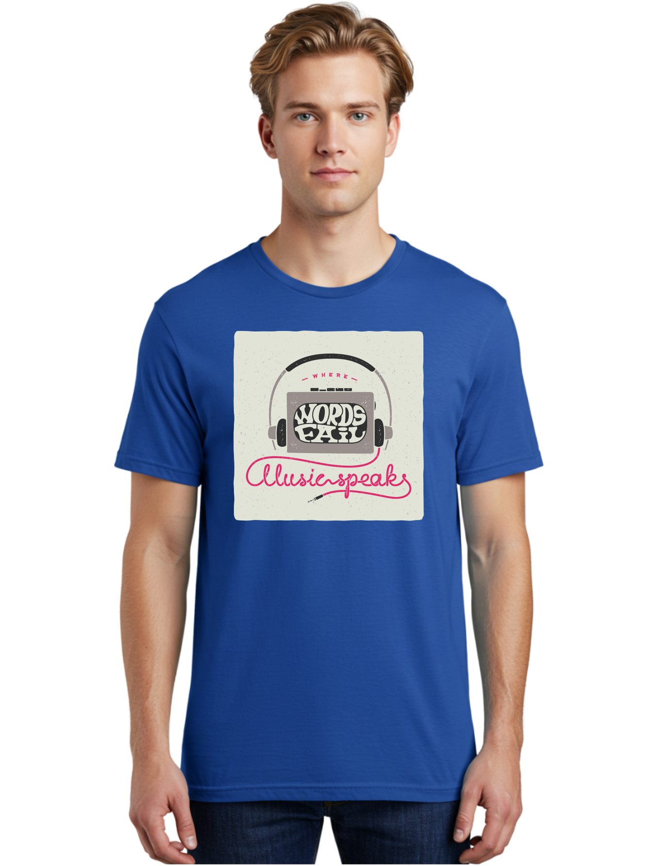 Where-Words-Fail-Music-Speaks-1 Men'S Graphic Tee, 100% Cotton, Comfortable Casual Summer Wear, Machine Washable, Music Speaks, Where Words Fail, Inspirational Quotes, Motivational Phrases, Music Headphones, Retro Style, Artistic Expression, Aac440