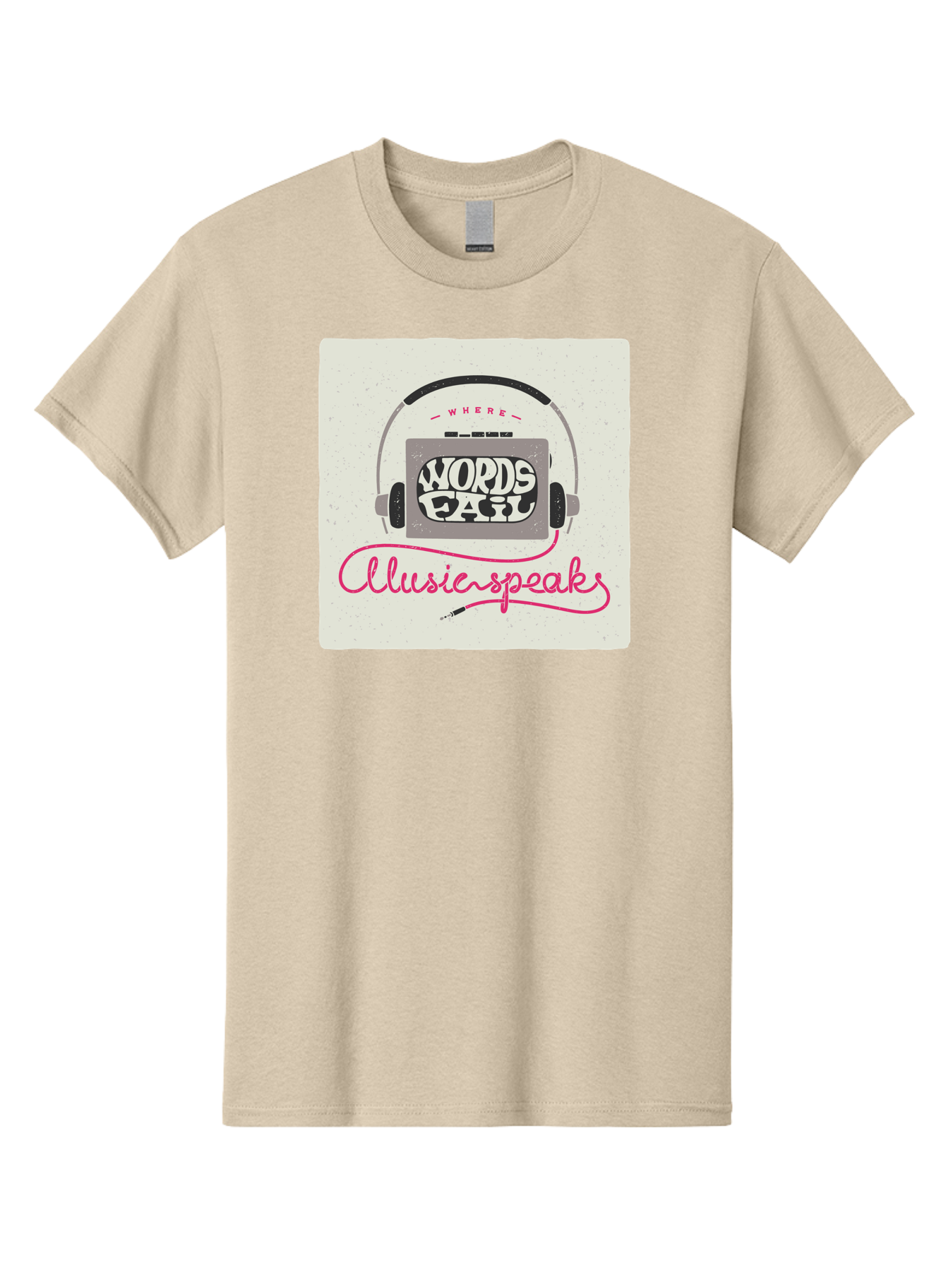 Where-Words-Fail-Music-Speaks-1 Men'S Graphic Tee, 100% Cotton, Comfortable Casual Summer Wear, Machine Washable, Music Speaks, Where Words Fail, Inspirational Quotes, Motivational Phrases, Music Headphones, Retro Style, Artistic Expression, Aac440