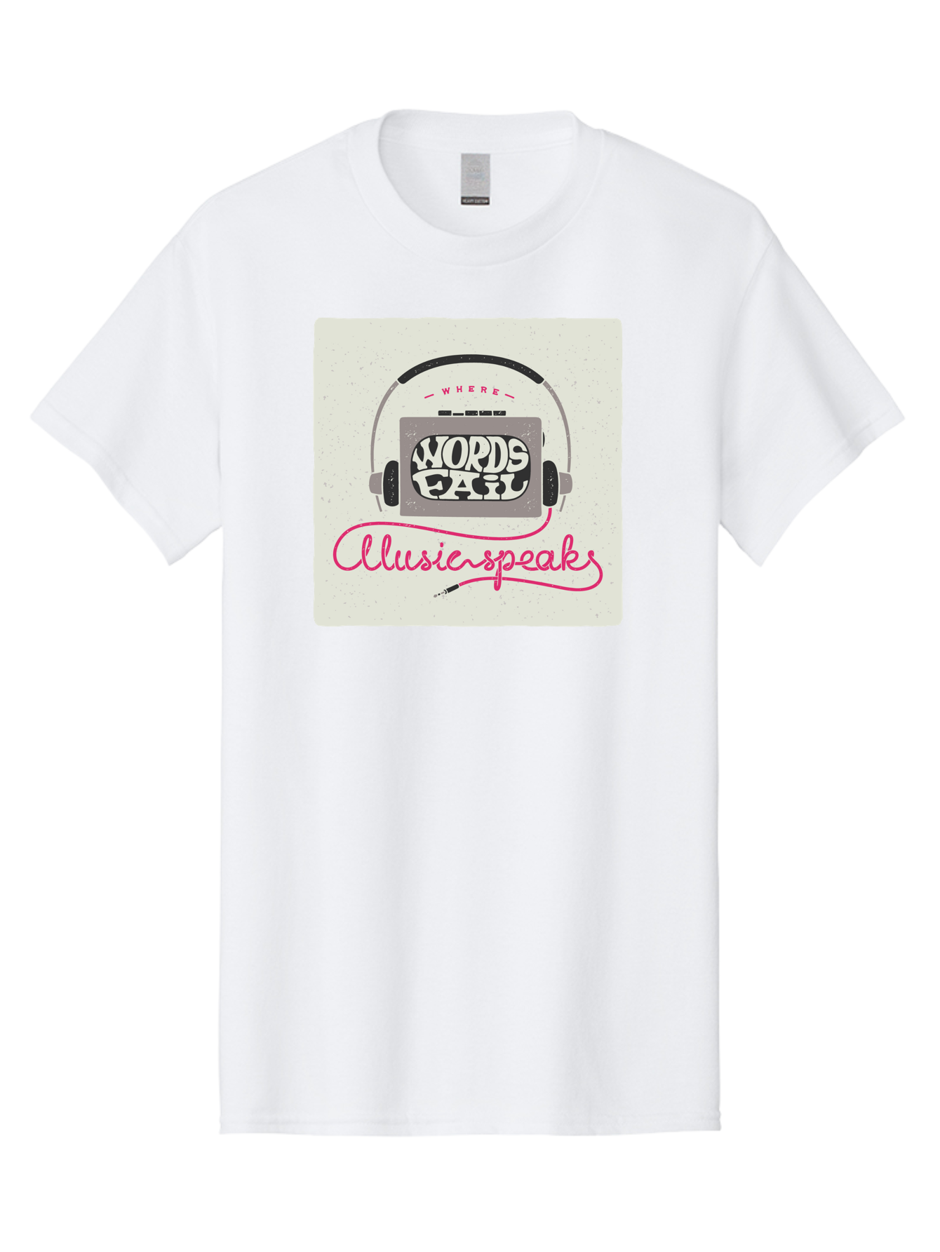 Where-Words-Fail-Music-Speaks-1 Men'S Graphic Tee, 100% Cotton, Comfortable Casual Summer Wear, Machine Washable, Music Speaks, Where Words Fail, Inspirational Quotes, Motivational Phrases, Music Headphones, Retro Style, Artistic Expression, Aac440