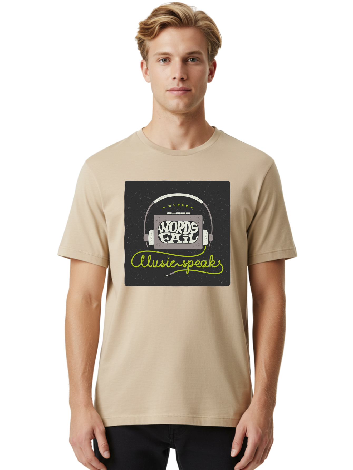 Where-Words-Fail-Music-Speaks Men'S Graphic Tee, 100% Cotton, Comfortable Casual Summer Wear, Machine Washable, Music Inspiration, Emotional Expression, Creative Quotes, Motivational Phrases, Where Words Fail Music Speaks, Aac441