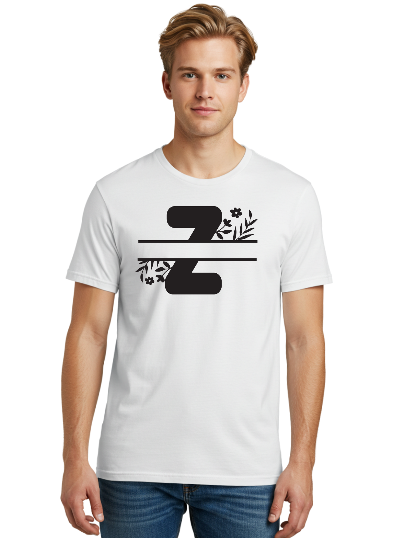 33 Men'S Graphic Tee, 100% Cotton, Comfortable Casual Summer Wear, Machine Washable, Number 33, Floral Design, Leafy Patterns, Flower Motifs, Elegant Typography, Decorative Elements, Black And Green Color Scheme Aac446