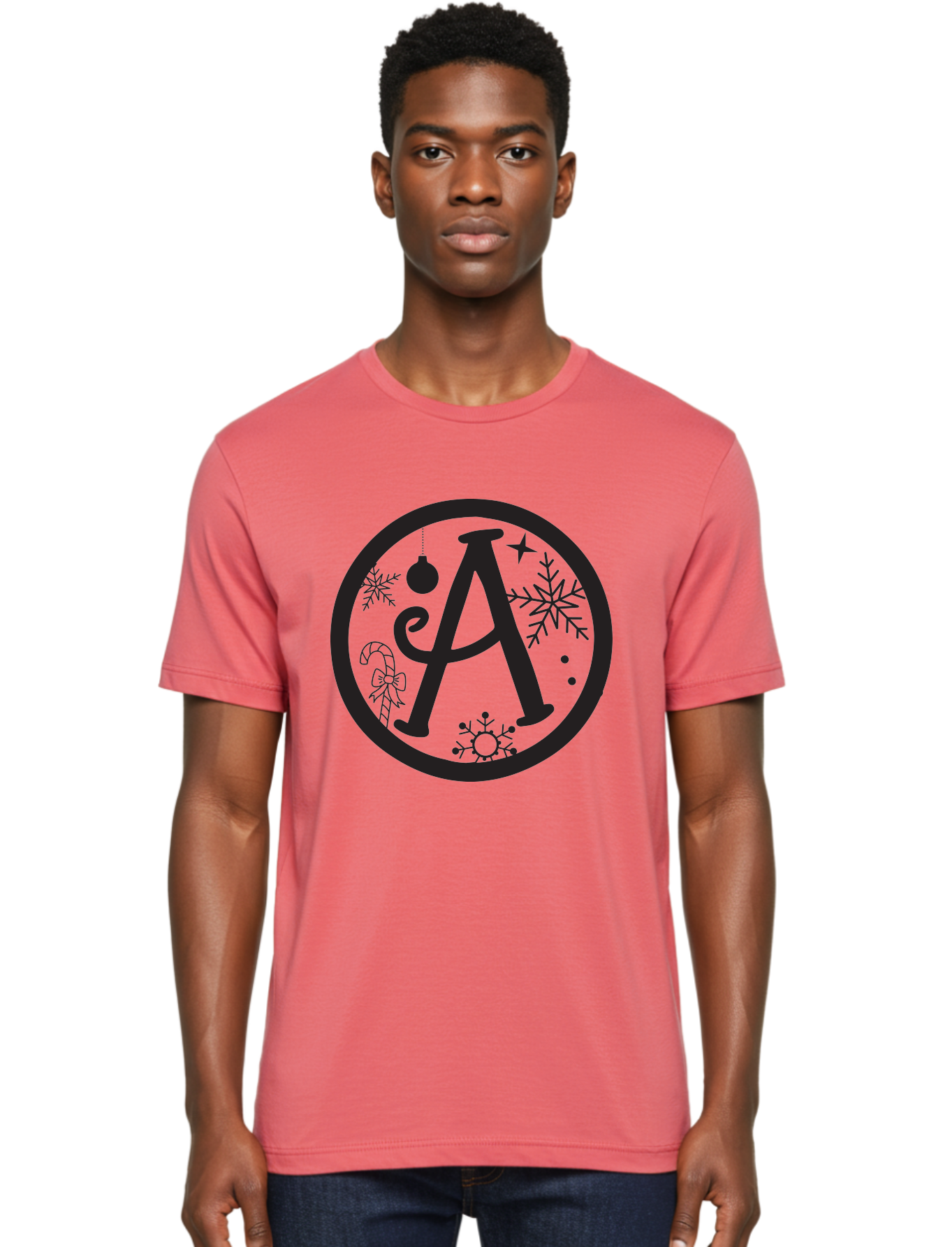 A Men'S Graphic Tee, 100% Cotton, Comfortable Casual Summer Wear, Machine Washable, Christmas Decorations, Black Letter A, Snowflakes, Candy Cane, Christmas Ornament, Holiday Themes, Festive Designs, Winter Wonderland, Christmas Symbols, Aac448