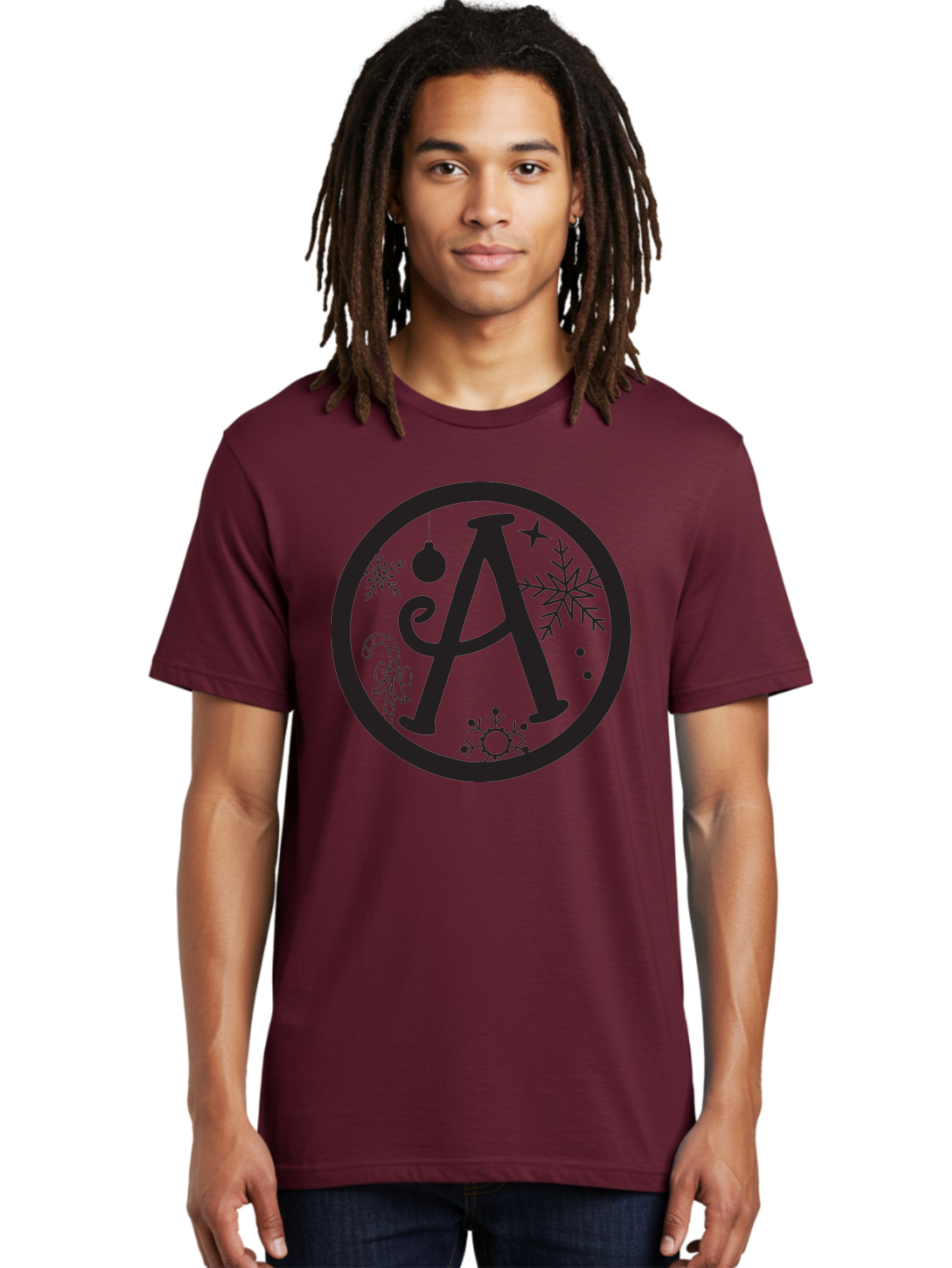 A Men'S Graphic Tee, 100% Cotton, Comfortable Casual Summer Wear, Machine Washable, Christmas Decorations, Black Letter A, Snowflakes, Candy Cane, Christmas Ornament, Holiday Themes, Festive Designs, Winter Wonderland, Christmas Symbols, Aac448