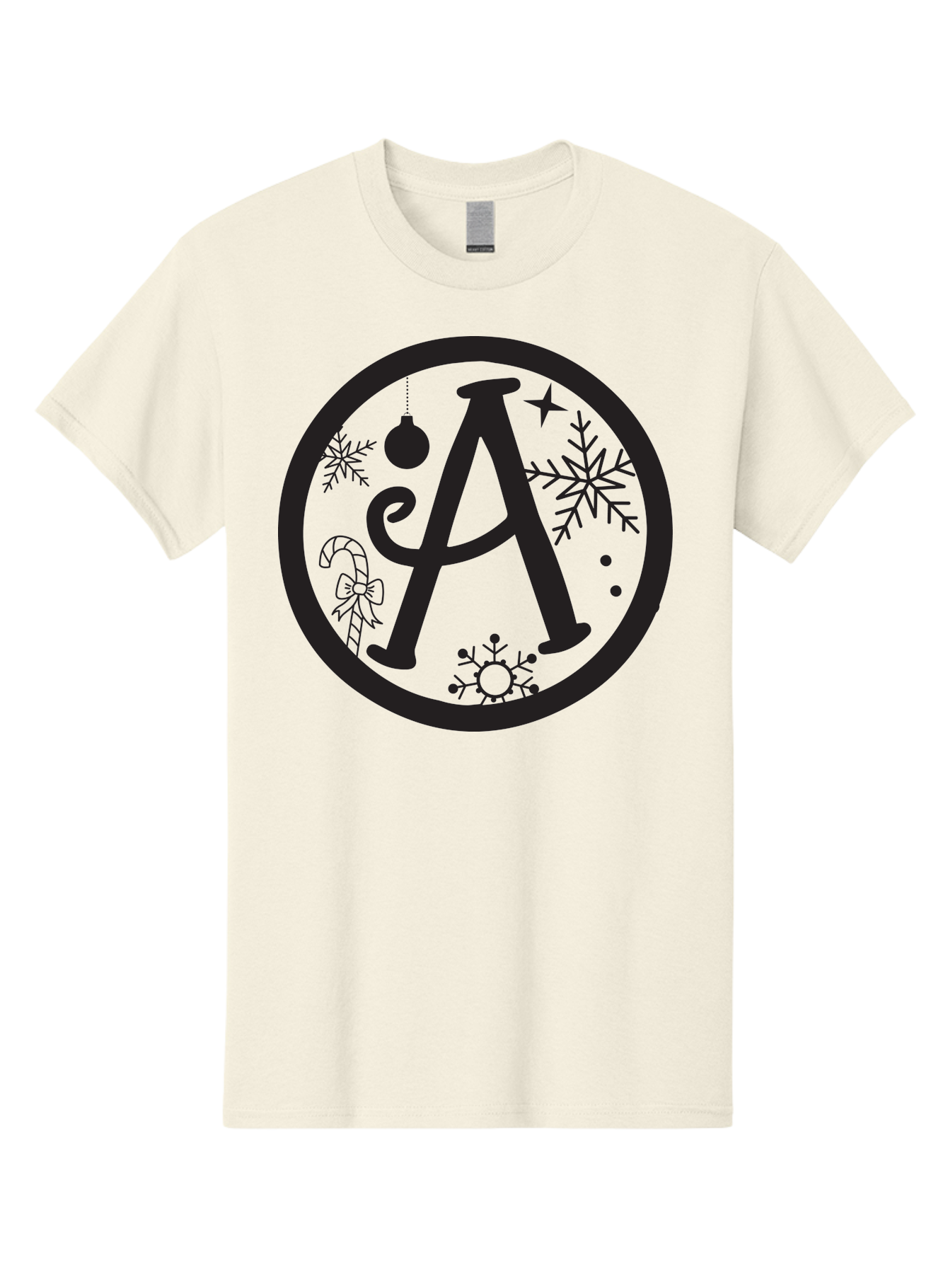 A Men'S Graphic Tee, 100% Cotton, Comfortable Casual Summer Wear, Machine Washable, Christmas Decorations, Black Letter A, Snowflakes, Candy Cane, Christmas Ornament, Holiday Themes, Festive Designs, Winter Wonderland, Christmas Symbols, Aac448