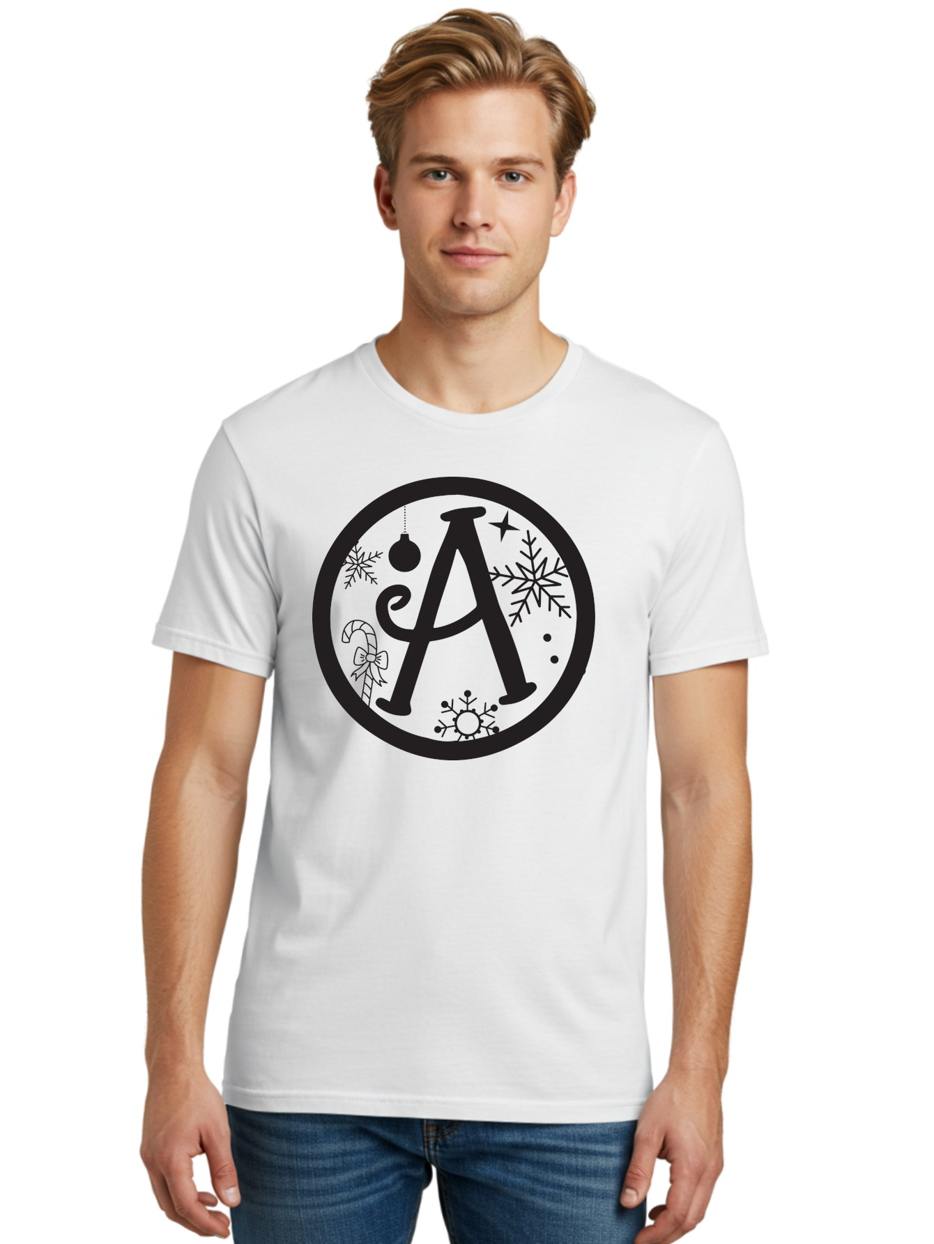 A Men'S Graphic Tee, 100% Cotton, Comfortable Casual Summer Wear, Machine Washable, Christmas Decorations, Black Letter A, Snowflakes, Candy Cane, Christmas Ornament, Holiday Themes, Festive Designs, Winter Wonderland, Christmas Symbols, Aac448