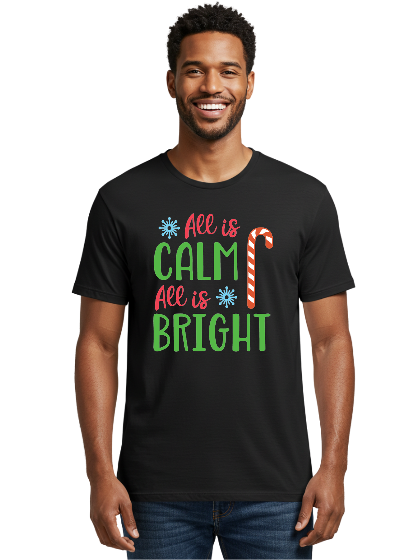 All-Is-Calm-All-Is-Bright Men'S Graphic Tee, 100% Cotton, Comfortable Casual Summer Wear, Machine Washable, Holiday Graphics, Christmas Decor, Candy Cane Art, Festive Typography, Winter Wonderland, Holiday Cheer, Christmas Magic, Sweet Treats, Aac458