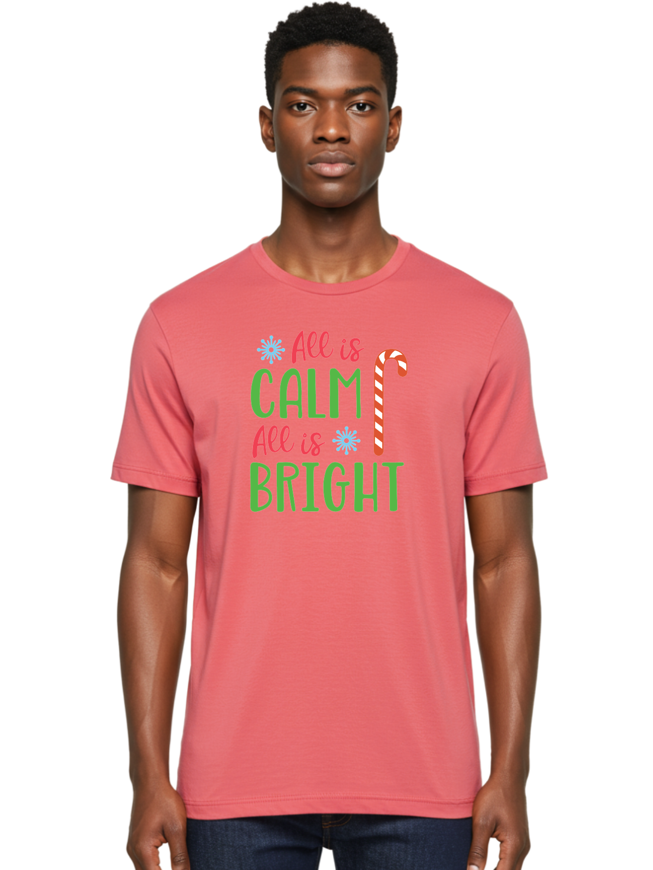 All-Is-Calm-All-Is-Bright Men'S Graphic Tee, 100% Cotton, Comfortable Casual Summer Wear, Machine Washable, Holiday Graphics, Christmas Decor, Candy Cane Art, Festive Typography, Winter Wonderland, Holiday Cheer, Christmas Magic, Sweet Treats, Aac458