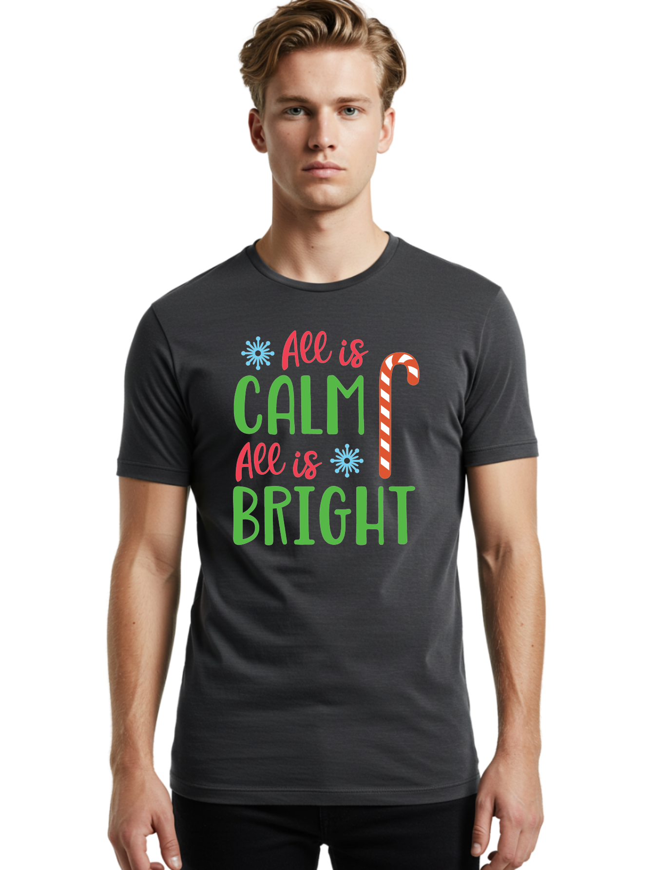All-Is-Calm-All-Is-Bright Men'S Graphic Tee, 100% Cotton, Comfortable Casual Summer Wear, Machine Washable, Holiday Graphics, Christmas Decor, Candy Cane Art, Festive Typography, Winter Wonderland, Holiday Cheer, Christmas Magic, Sweet Treats, Aac458