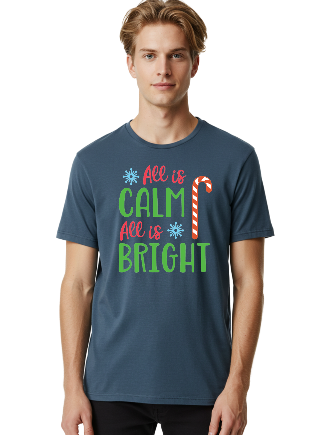 All-Is-Calm-All-Is-Bright Men'S Graphic Tee, 100% Cotton, Comfortable Casual Summer Wear, Machine Washable, Holiday Graphics, Christmas Decor, Candy Cane Art, Festive Typography, Winter Wonderland, Holiday Cheer, Christmas Magic, Sweet Treats, Aac458