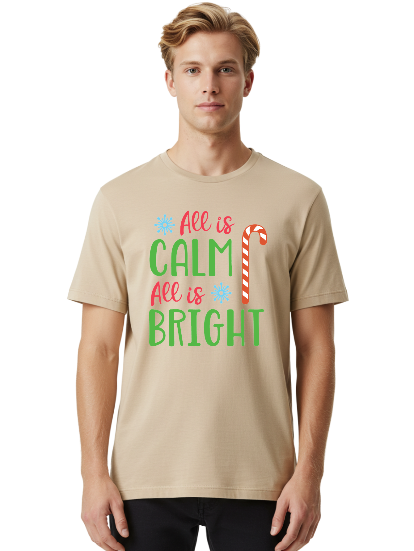 All-Is-Calm-All-Is-Bright Men'S Graphic Tee, 100% Cotton, Comfortable Casual Summer Wear, Machine Washable, Holiday Graphics, Christmas Decor, Candy Cane Art, Festive Typography, Winter Wonderland, Holiday Cheer, Christmas Magic, Sweet Treats, Aac458