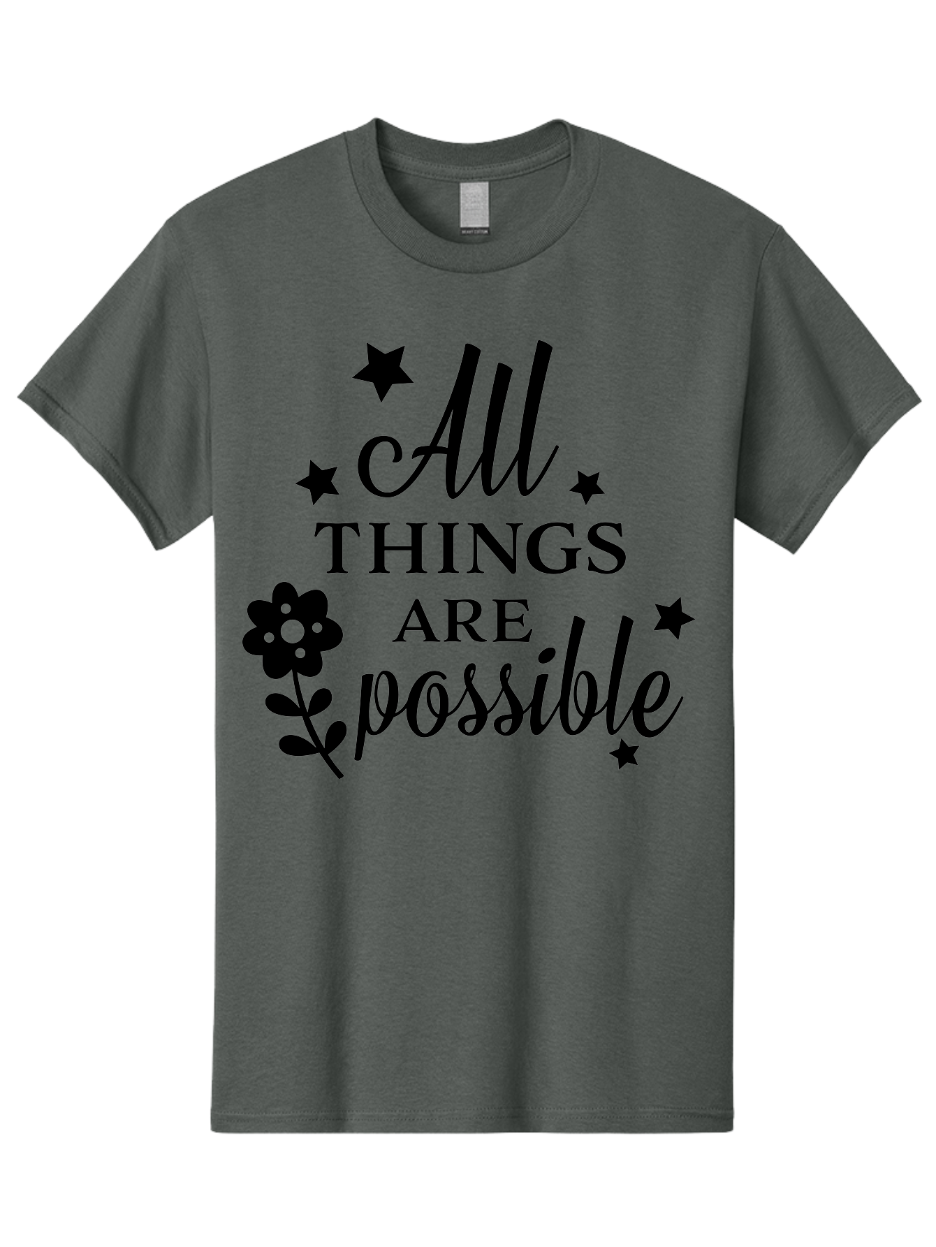 All-Things-Are-Possible Men'S Graphic Tee, 100% Cotton, Comfortable Casual Summer Wear, Machine Washable, Inspirational Quote, Motivational Message, Positive Affirmation, Black Text, Floral Design, Starry Accents, Motivational Wall Art, Aac460