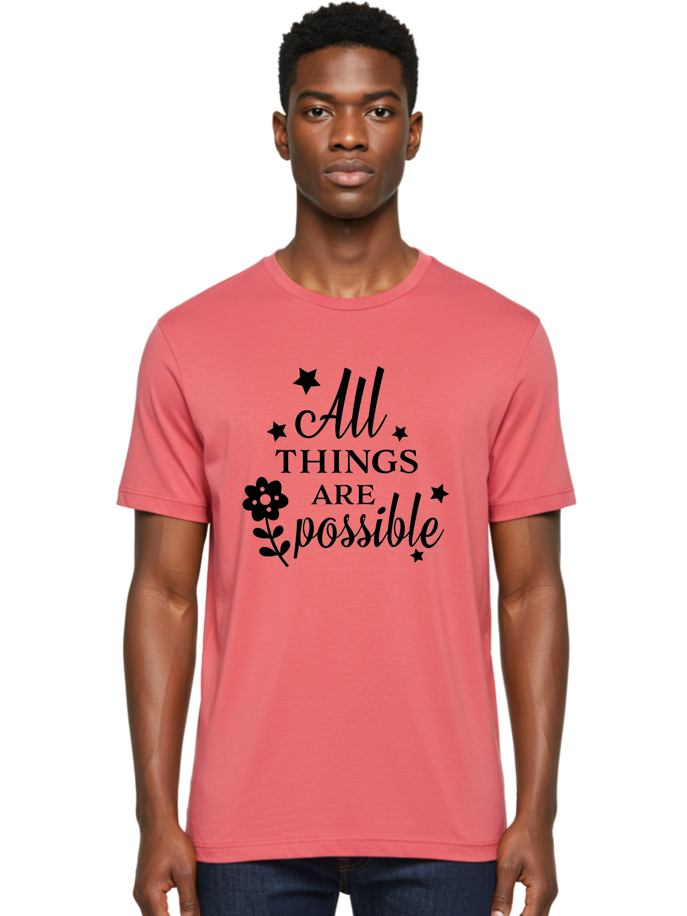 All-Things-Are-Possible Men'S Graphic Tee, 100% Cotton, Comfortable Casual Summer Wear, Machine Washable, Inspirational Quote, Motivational Message, Positive Affirmation, Black Text, Floral Design, Starry Accents, Motivational Wall Art, Aac460