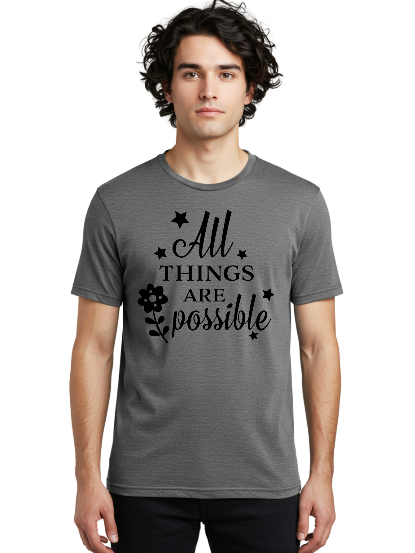 All-Things-Are-Possible Men'S Graphic Tee, 100% Cotton, Comfortable Casual Summer Wear, Machine Washable, Inspirational Quote, Motivational Message, Positive Affirmation, Black Text, Floral Design, Starry Accents, Motivational Wall Art, Aac460