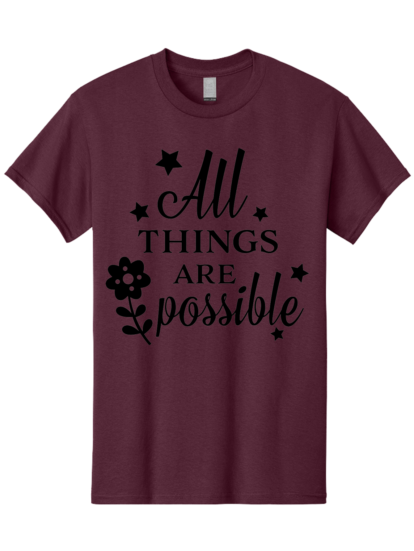 All-Things-Are-Possible Men'S Graphic Tee, 100% Cotton, Comfortable Casual Summer Wear, Machine Washable, Inspirational Quote, Motivational Message, Positive Affirmation, Black Text, Floral Design, Starry Accents, Motivational Wall Art, Aac460