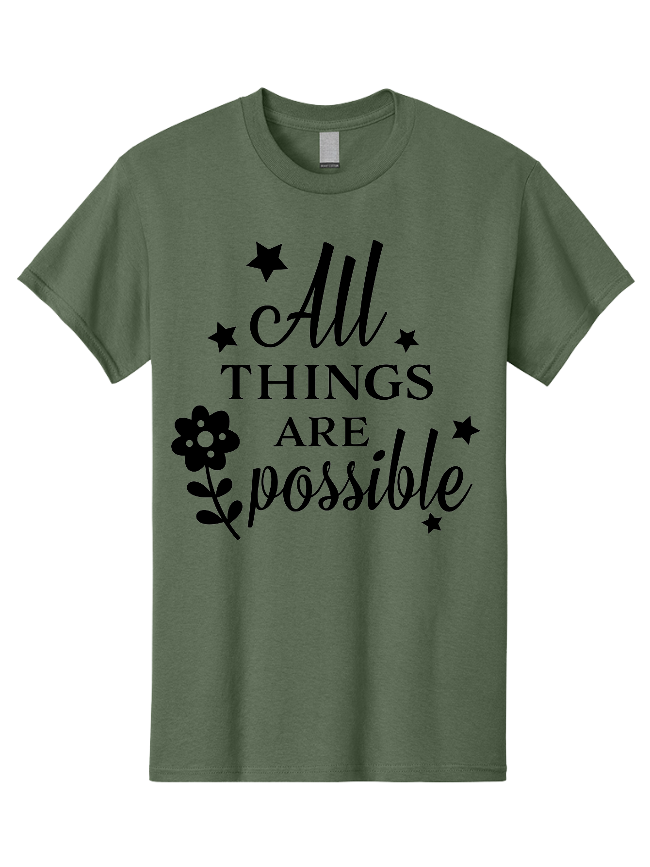 All-Things-Are-Possible Men'S Graphic Tee, 100% Cotton, Comfortable Casual Summer Wear, Machine Washable, Inspirational Quote, Motivational Message, Positive Affirmation, Black Text, Floral Design, Starry Accents, Motivational Wall Art, Aac460