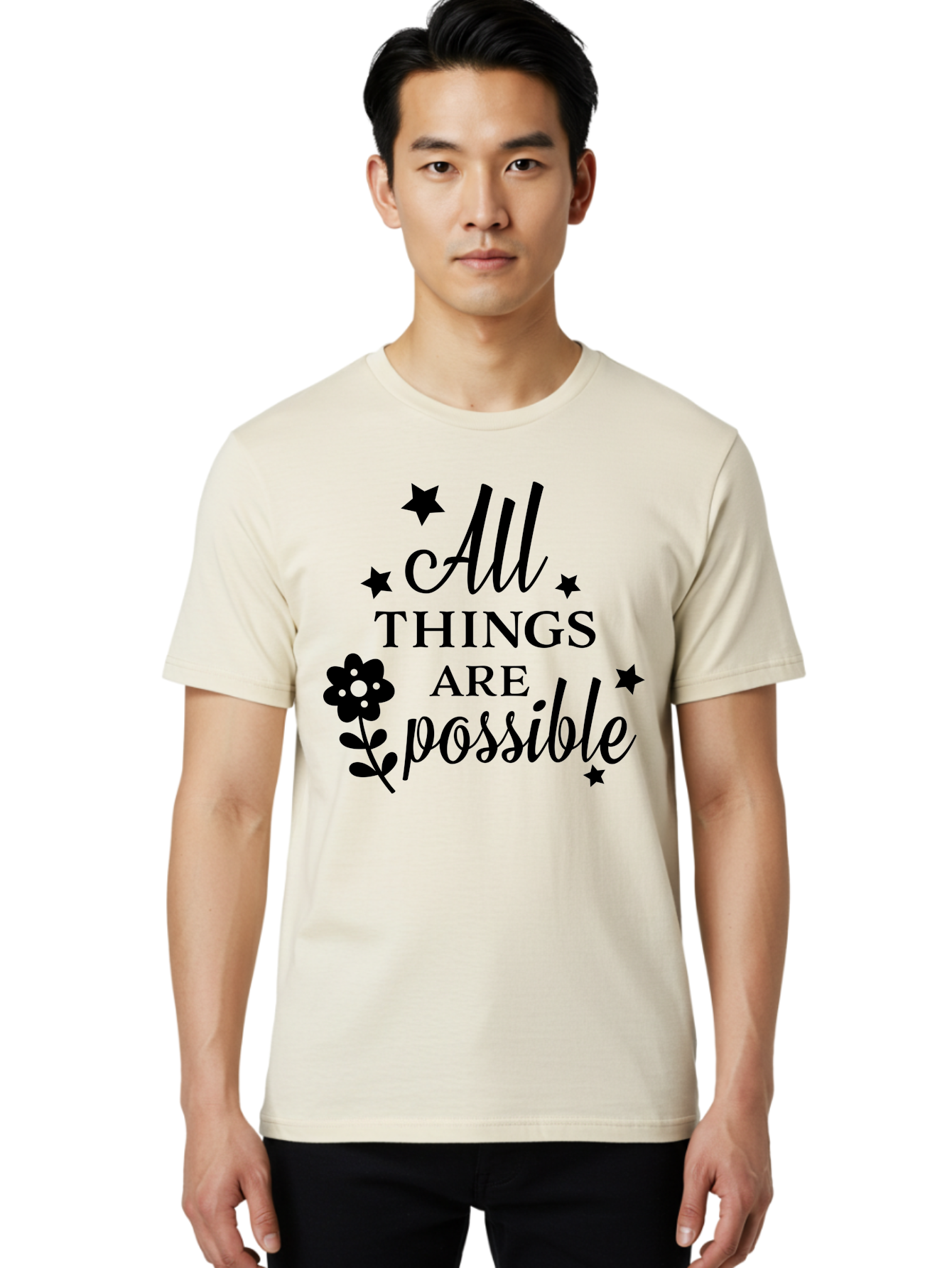All-Things-Are-Possible Men'S Graphic Tee, 100% Cotton, Comfortable Casual Summer Wear, Machine Washable, Inspirational Quote, Motivational Message, Positive Affirmation, Black Text, Floral Design, Starry Accents, Motivational Wall Art, Aac460
