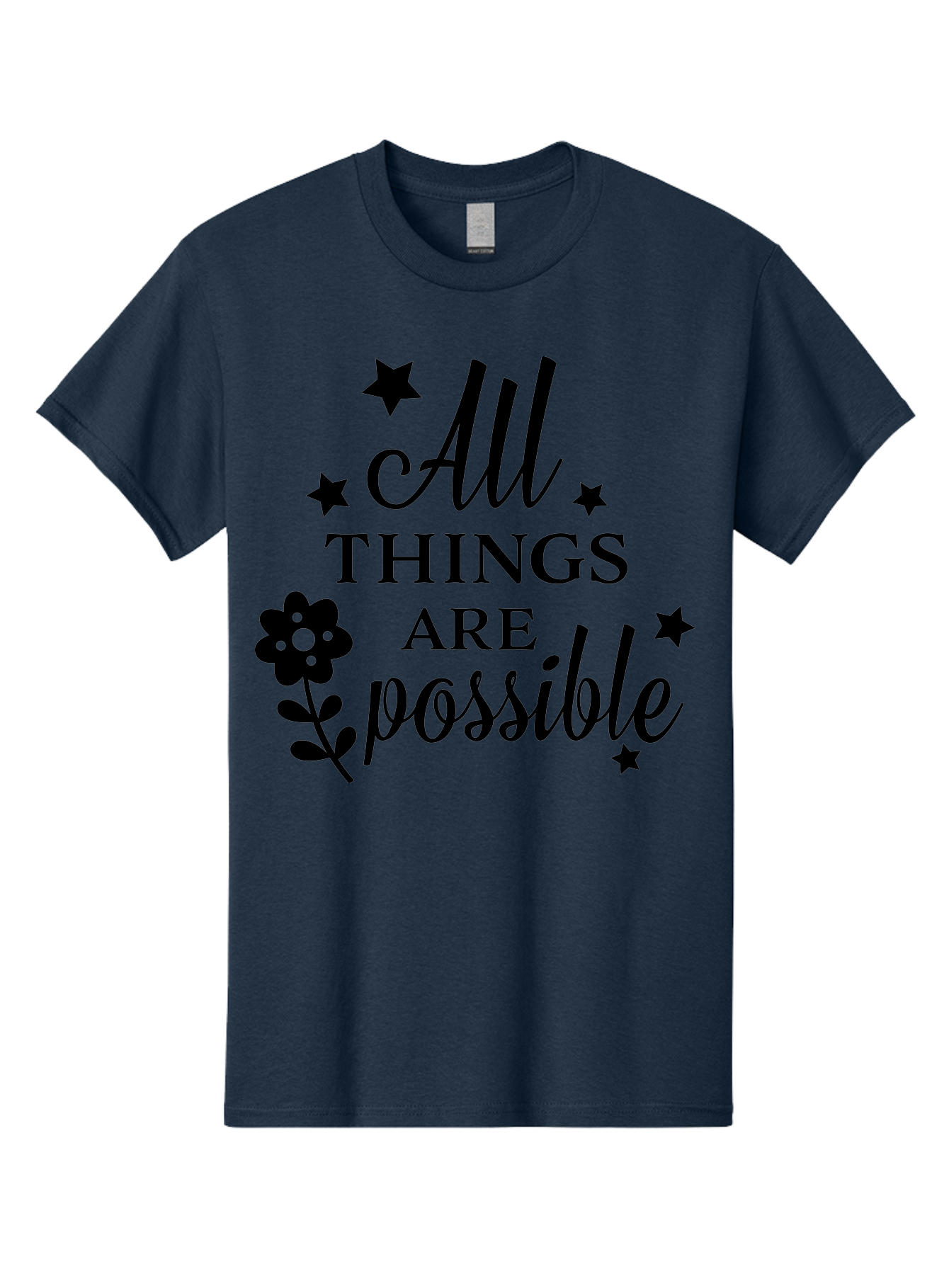 All-Things-Are-Possible Men'S Graphic Tee, 100% Cotton, Comfortable Casual Summer Wear, Machine Washable, Inspirational Quote, Motivational Message, Positive Affirmation, Black Text, Floral Design, Starry Accents, Motivational Wall Art, Aac460