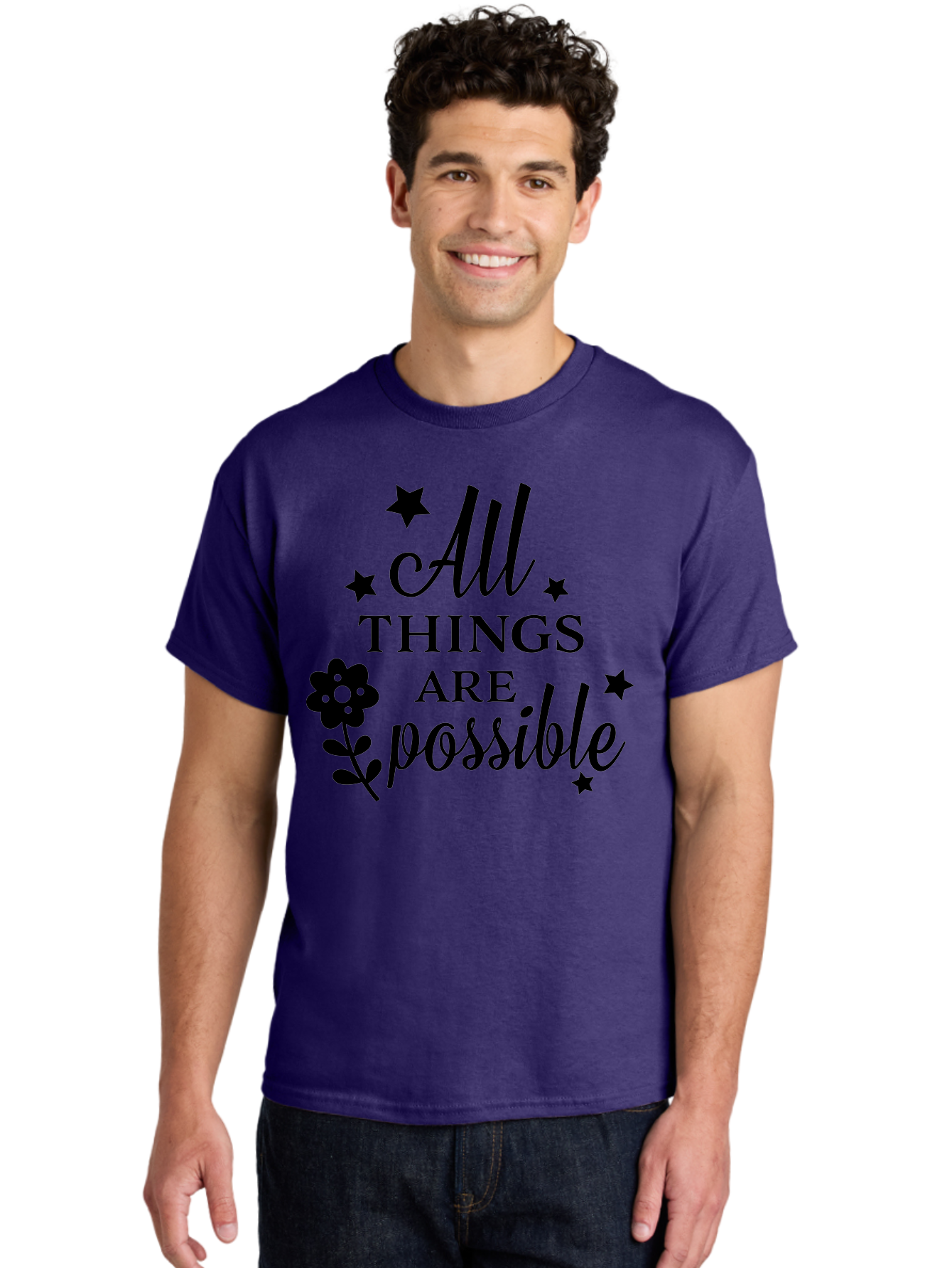 All-Things-Are-Possible Men'S Graphic Tee, 100% Cotton, Comfortable Casual Summer Wear, Machine Washable, Inspirational Quote, Motivational Message, Positive Affirmation, Black Text, Floral Design, Starry Accents, Motivational Wall Art, Aac460