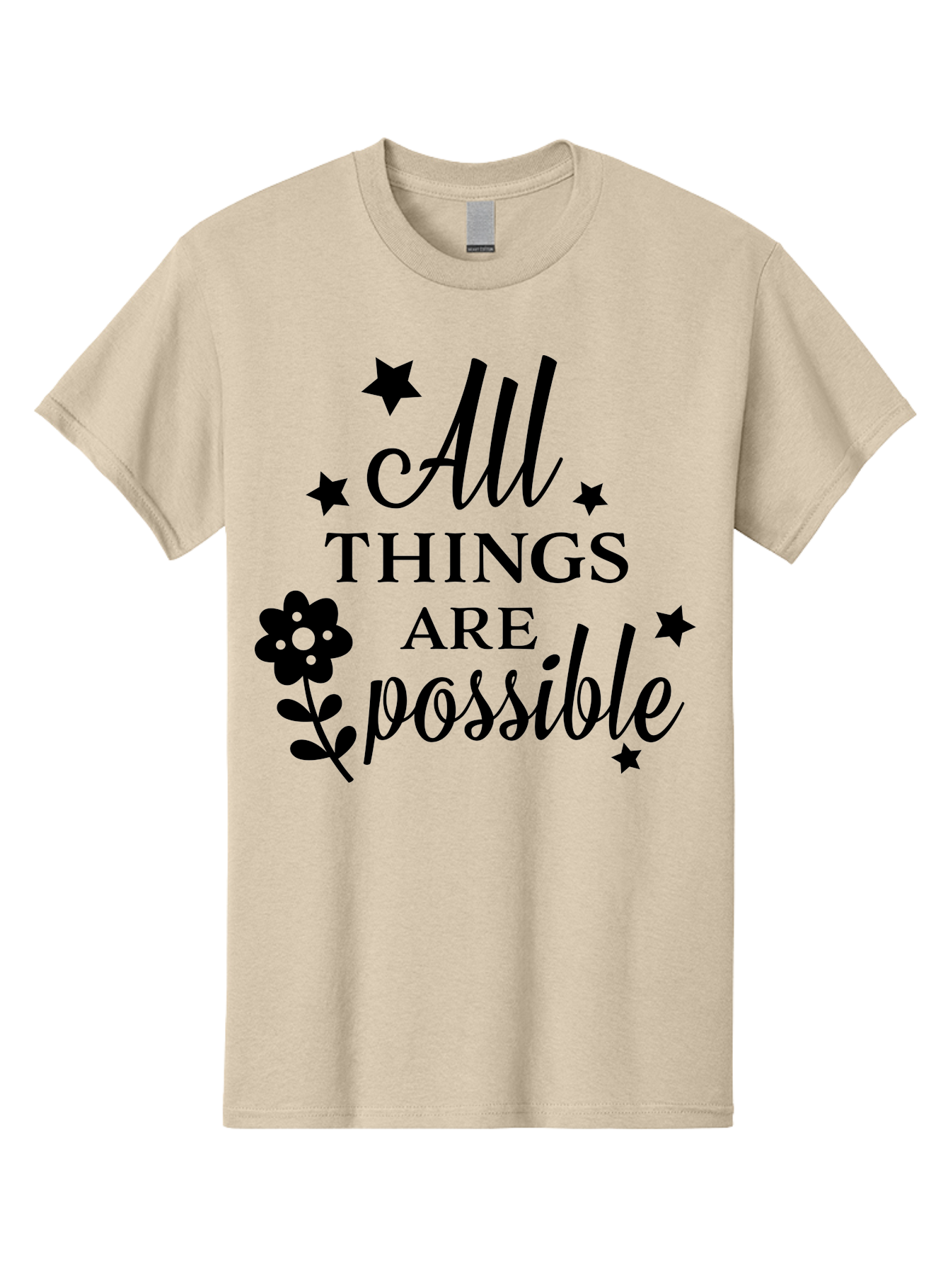 All-Things-Are-Possible Men'S Graphic Tee, 100% Cotton, Comfortable Casual Summer Wear, Machine Washable, Inspirational Quote, Motivational Message, Positive Affirmation, Black Text, Floral Design, Starry Accents, Motivational Wall Art, Aac460