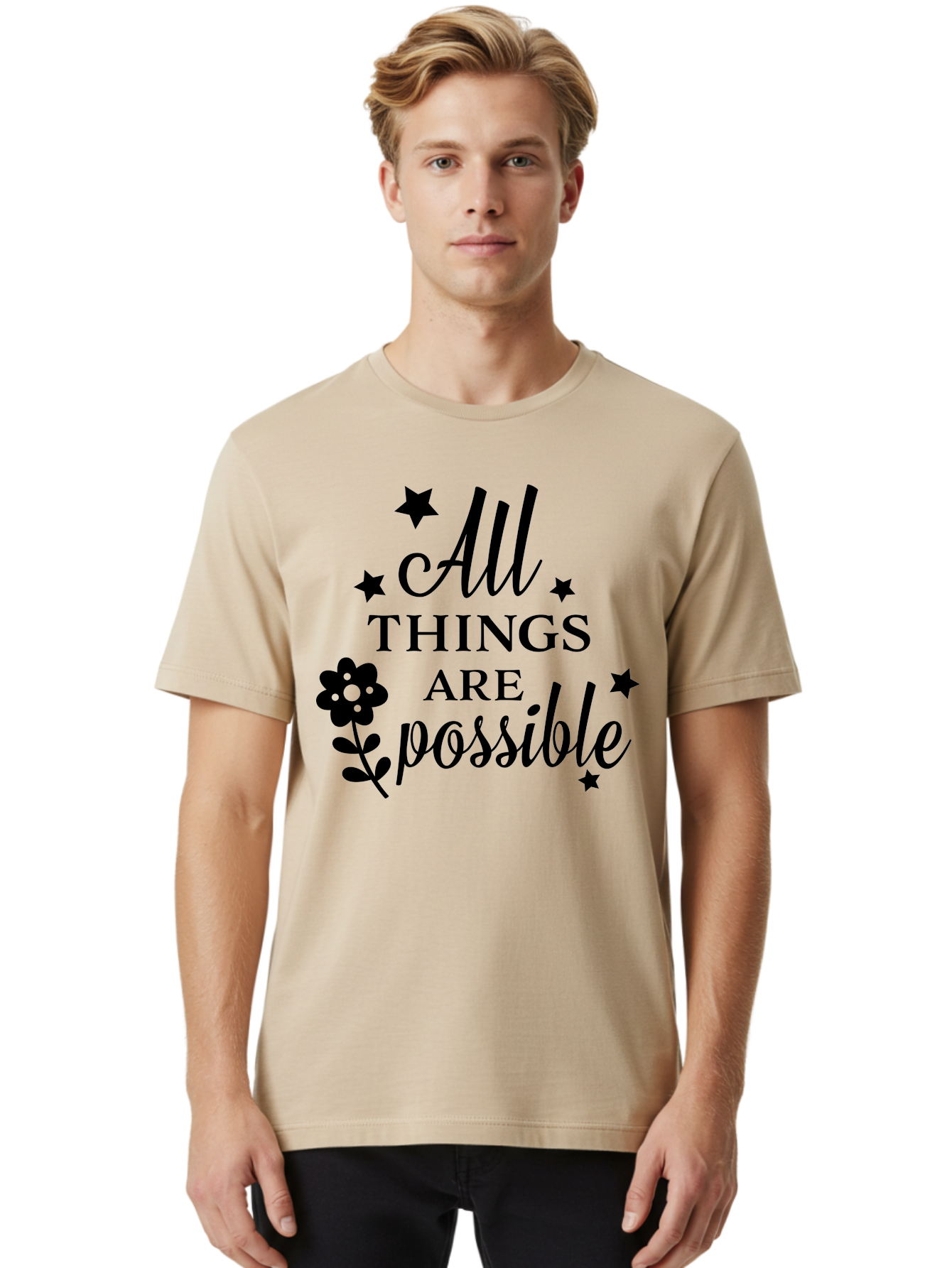 All-Things-Are-Possible Men'S Graphic Tee, 100% Cotton, Comfortable Casual Summer Wear, Machine Washable, Inspirational Quote, Motivational Message, Positive Affirmation, Black Text, Floral Design, Starry Accents, Motivational Wall Art, Aac460