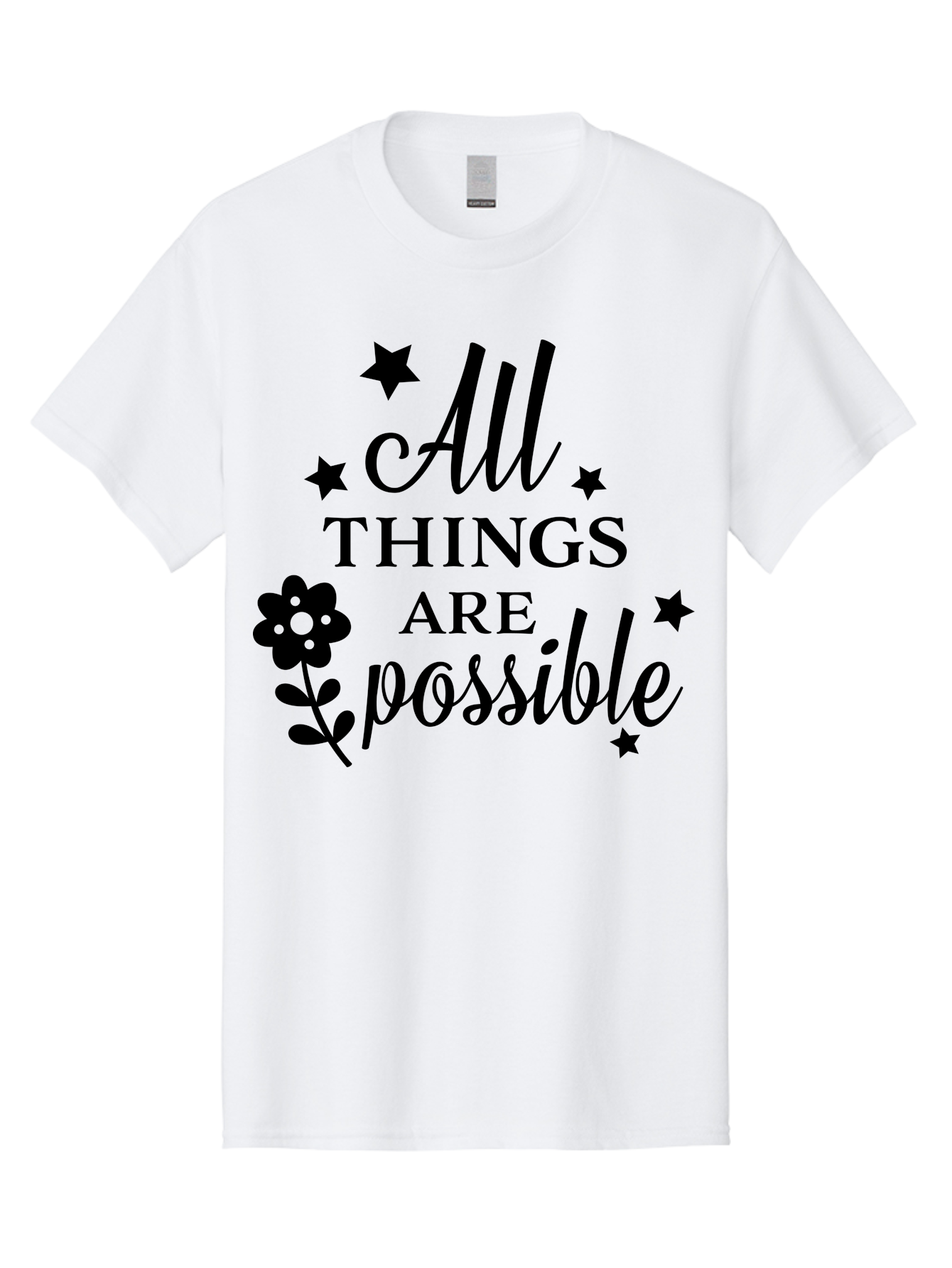 All-Things-Are-Possible Men'S Graphic Tee, 100% Cotton, Comfortable Casual Summer Wear, Machine Washable, Inspirational Quote, Motivational Message, Positive Affirmation, Black Text, Floral Design, Starry Accents, Motivational Wall Art, Aac460