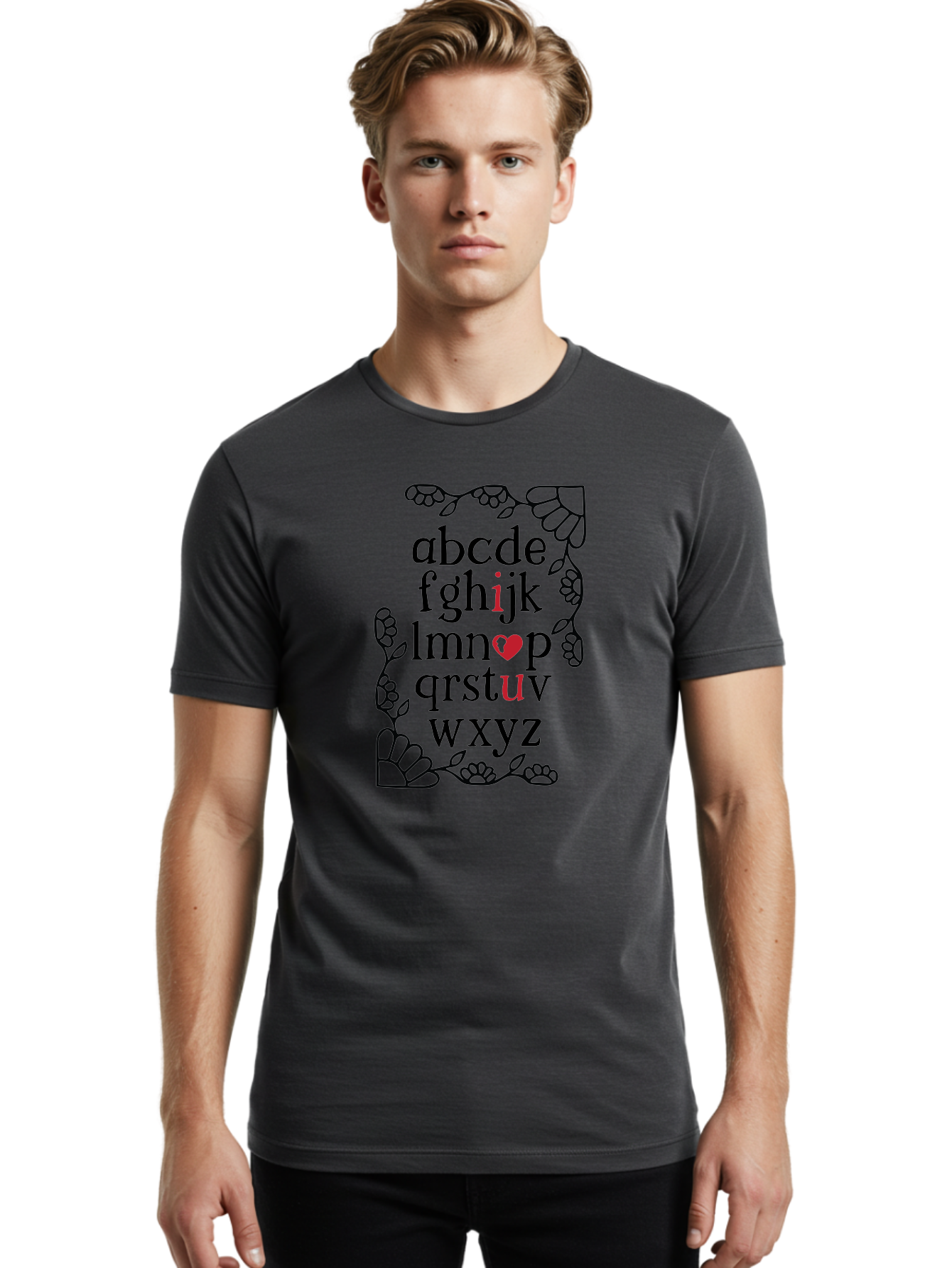 Alphabet-Abcdefghijklmnopqrstuvwxyz Men'S Graphic Tee, 100% Cotton, Comfortable Casual Summer Wear, Machine Washable, Typography Illustration, Alphabet Letters, Floral Vines, Paw Prints, Heart Symbol, Red Accents, Black Font, Creative Design, Aac465