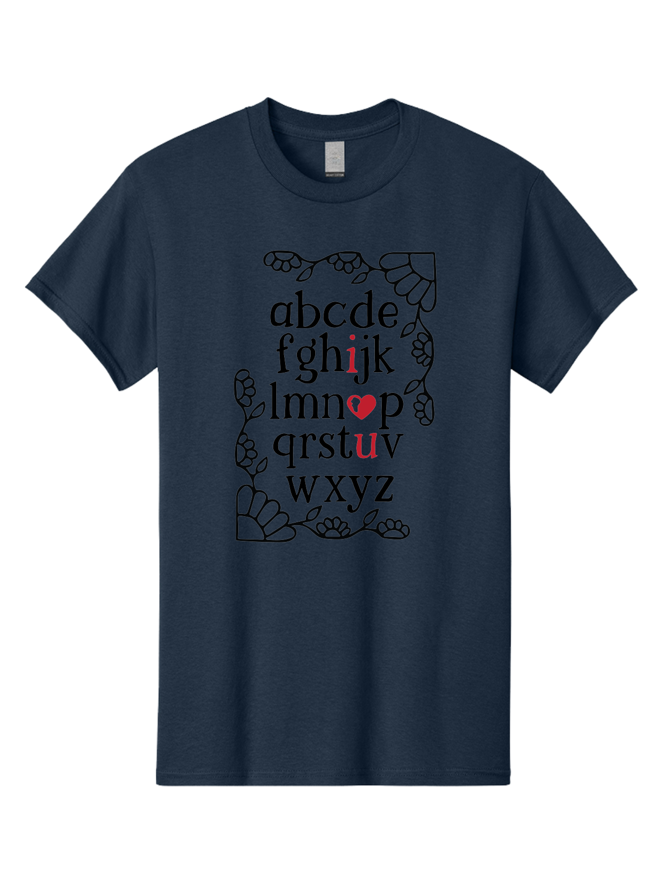 Alphabet-Abcdefghijklmnopqrstuvwxyz Men'S Graphic Tee, 100% Cotton, Comfortable Casual Summer Wear, Machine Washable, Typography Illustration, Alphabet Letters, Floral Vines, Paw Prints, Heart Symbol, Red Accents, Black Font, Creative Design, Aac465