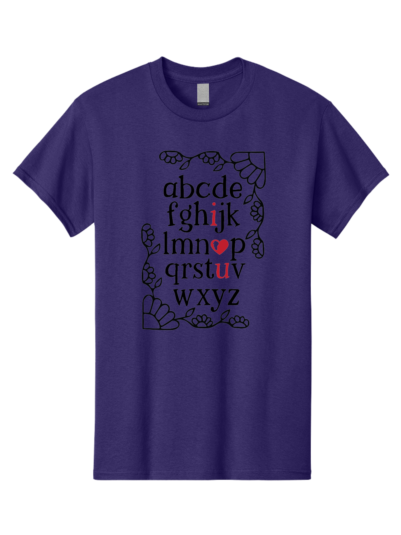 Alphabet-Abcdefghijklmnopqrstuvwxyz Men'S Graphic Tee, 100% Cotton, Comfortable Casual Summer Wear, Machine Washable, Typography Illustration, Alphabet Letters, Floral Vines, Paw Prints, Heart Symbol, Red Accents, Black Font, Creative Design, Aac465