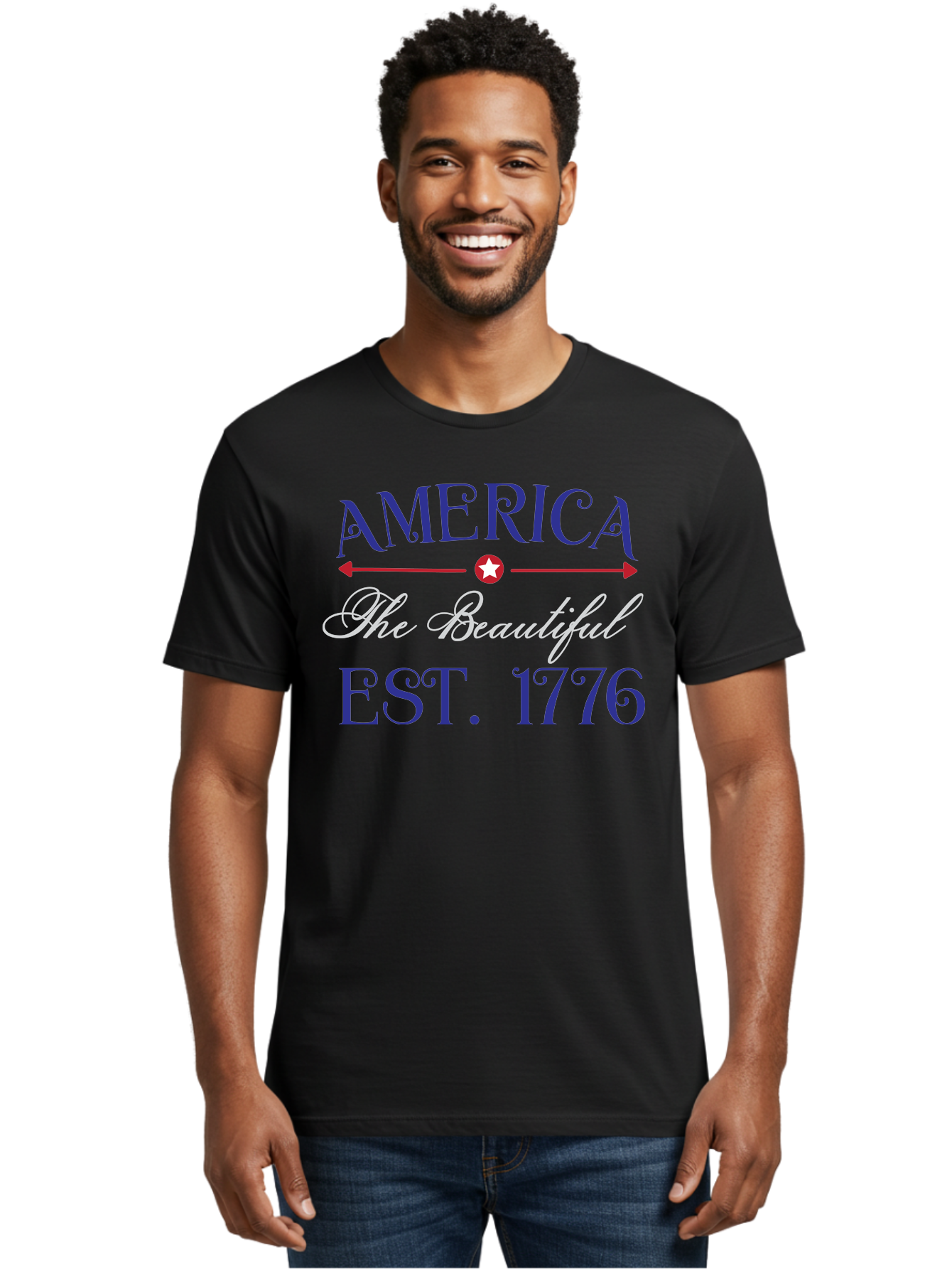 America-The-Beautiful-Est-1776 Men'S Graphic Tee, 100% Cotton, Comfortable Casual Summer Wear, Machine Washable, America The Beautiful, Patriotic Design, Vintage Typography, Star Symbol, Red White And Blue, 4Th Of July, Independence Day, Aac469