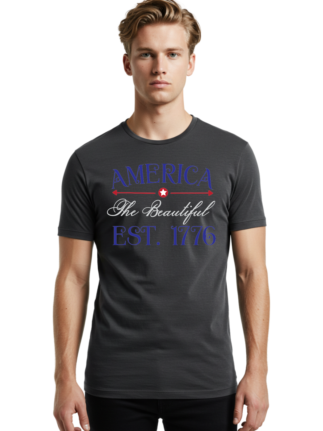 America-The-Beautiful-Est-1776 Men'S Graphic Tee, 100% Cotton, Comfortable Casual Summer Wear, Machine Washable, America The Beautiful, Patriotic Design, Vintage Typography, Star Symbol, Red White And Blue, 4Th Of July, Independence Day, Aac469