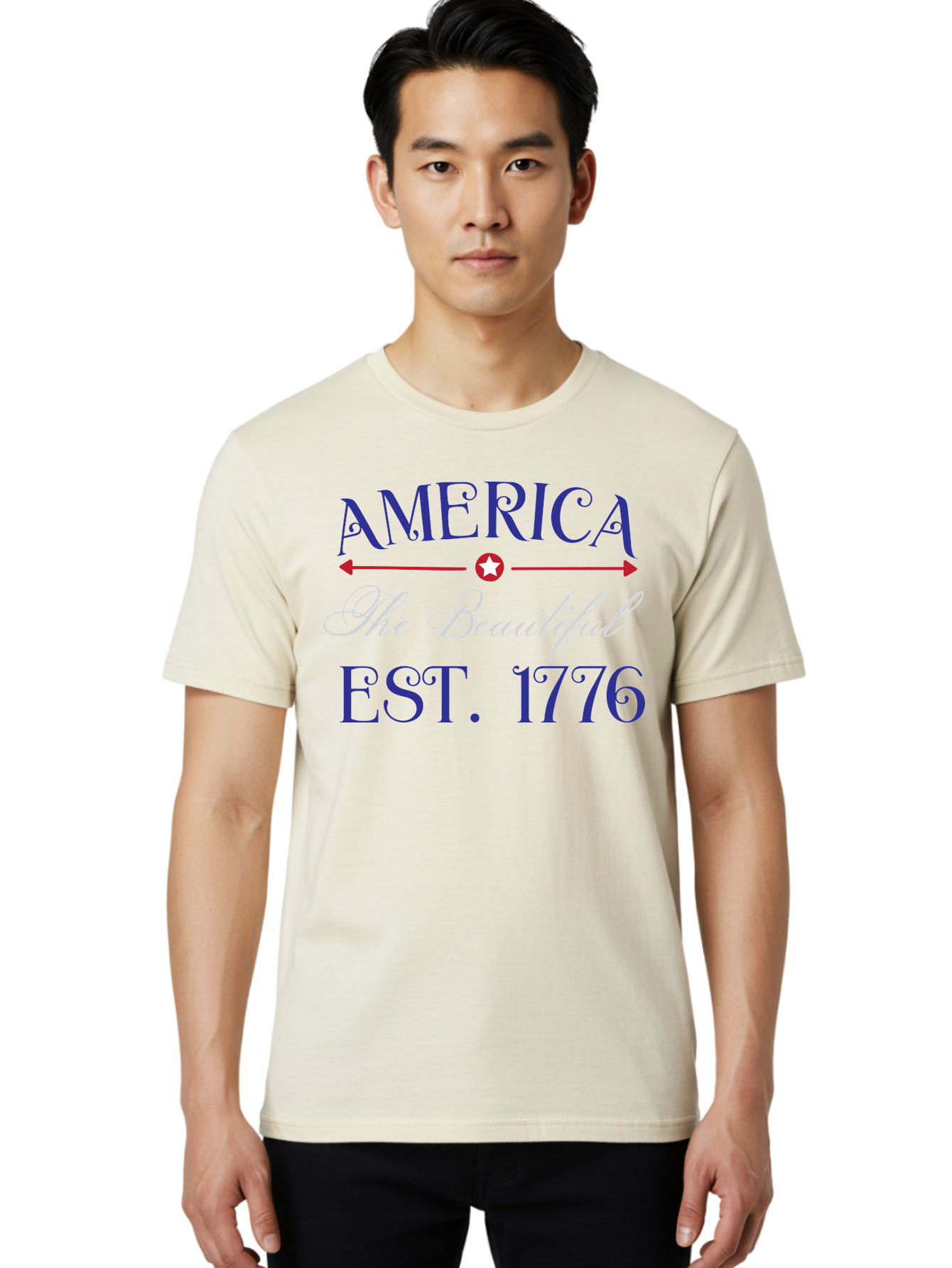 America-The-Beautiful-Est-1776 Men'S Graphic Tee, 100% Cotton, Comfortable Casual Summer Wear, Machine Washable, America The Beautiful, Patriotic Design, Vintage Typography, Star Symbol, Red White And Blue, 4Th Of July, Independence Day, Aac469
