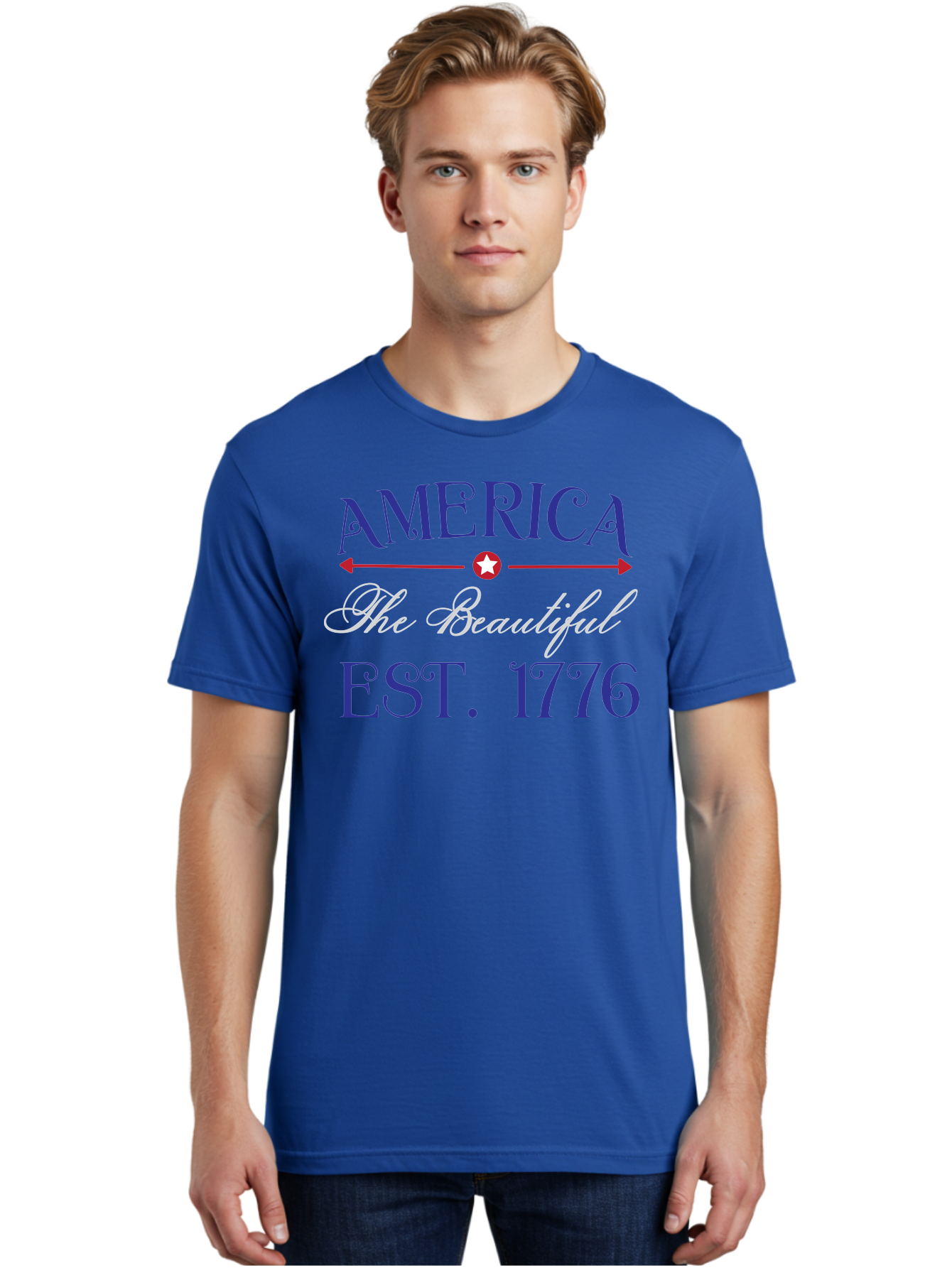 America-The-Beautiful-Est-1776 Men'S Graphic Tee, 100% Cotton, Comfortable Casual Summer Wear, Machine Washable, America The Beautiful, Patriotic Design, Vintage Typography, Star Symbol, Red White And Blue, 4Th Of July, Independence Day, Aac469