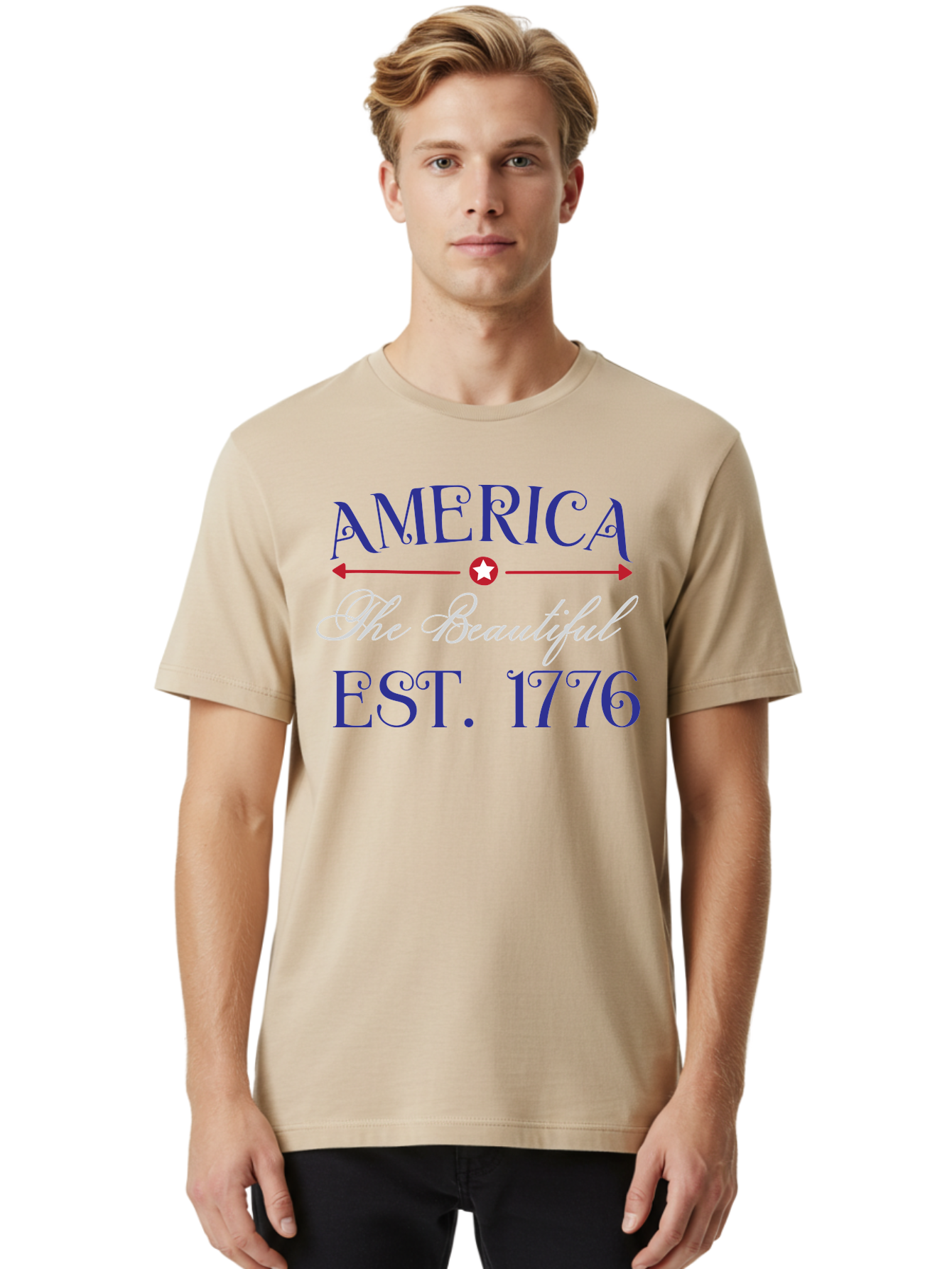 America-The-Beautiful-Est-1776 Men'S Graphic Tee, 100% Cotton, Comfortable Casual Summer Wear, Machine Washable, America The Beautiful, Patriotic Design, Vintage Typography, Star Symbol, Red White And Blue, 4Th Of July, Independence Day, Aac469
