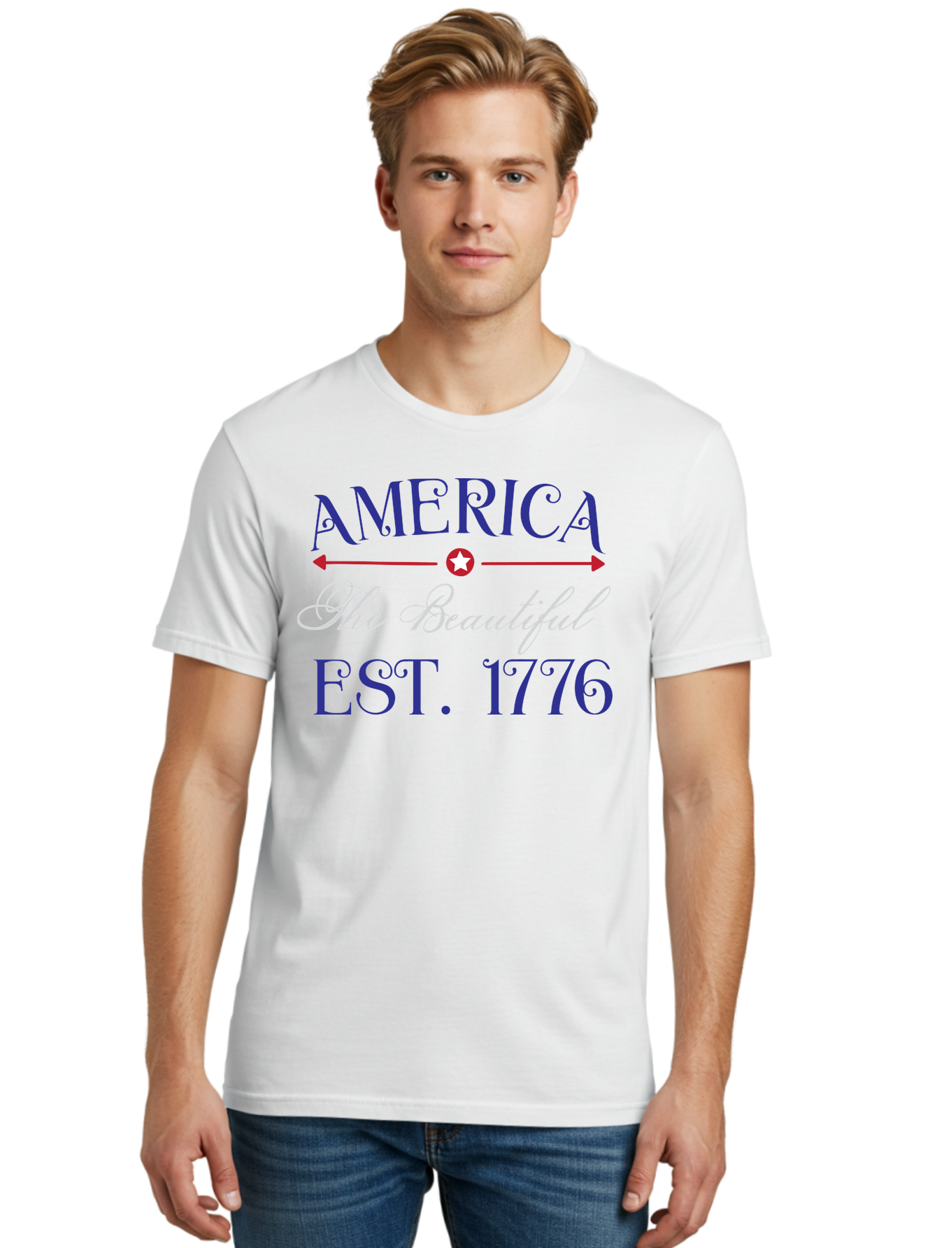 America-The-Beautiful-Est-1776 Men'S Graphic Tee, 100% Cotton, Comfortable Casual Summer Wear, Machine Washable, America The Beautiful, Patriotic Design, Vintage Typography, Star Symbol, Red White And Blue, 4Th Of July, Independence Day, Aac469