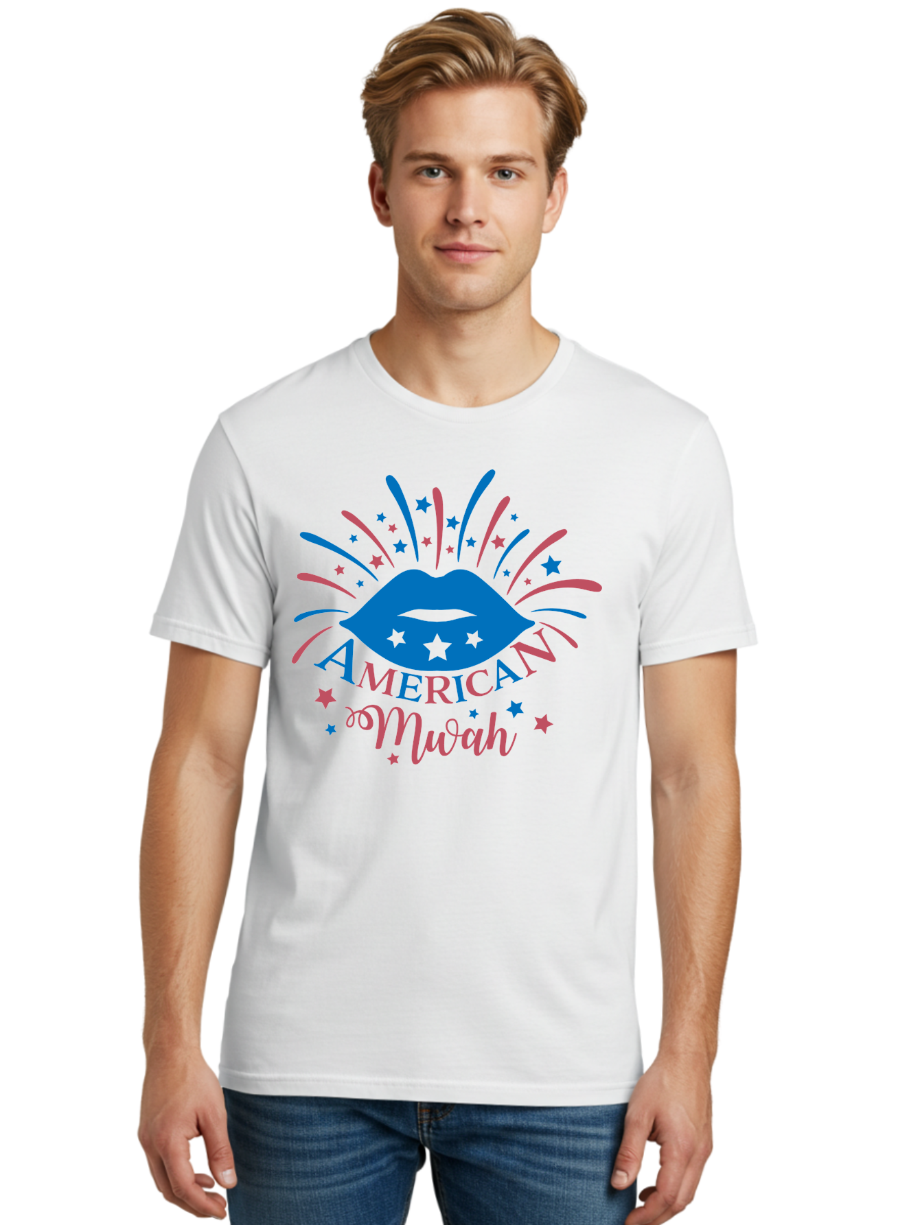 American-Mwah Men'S Graphic Tee, 100% Cotton, Comfortable Casual Summer Wear, Machine Washable, Blue Lips, Starry Design, Vibrant Colors, Playful Graphics, American Mwah, Kiss Mark, Festive Atmosphere, Celebratory Theme, Pop Art Style, Aac470