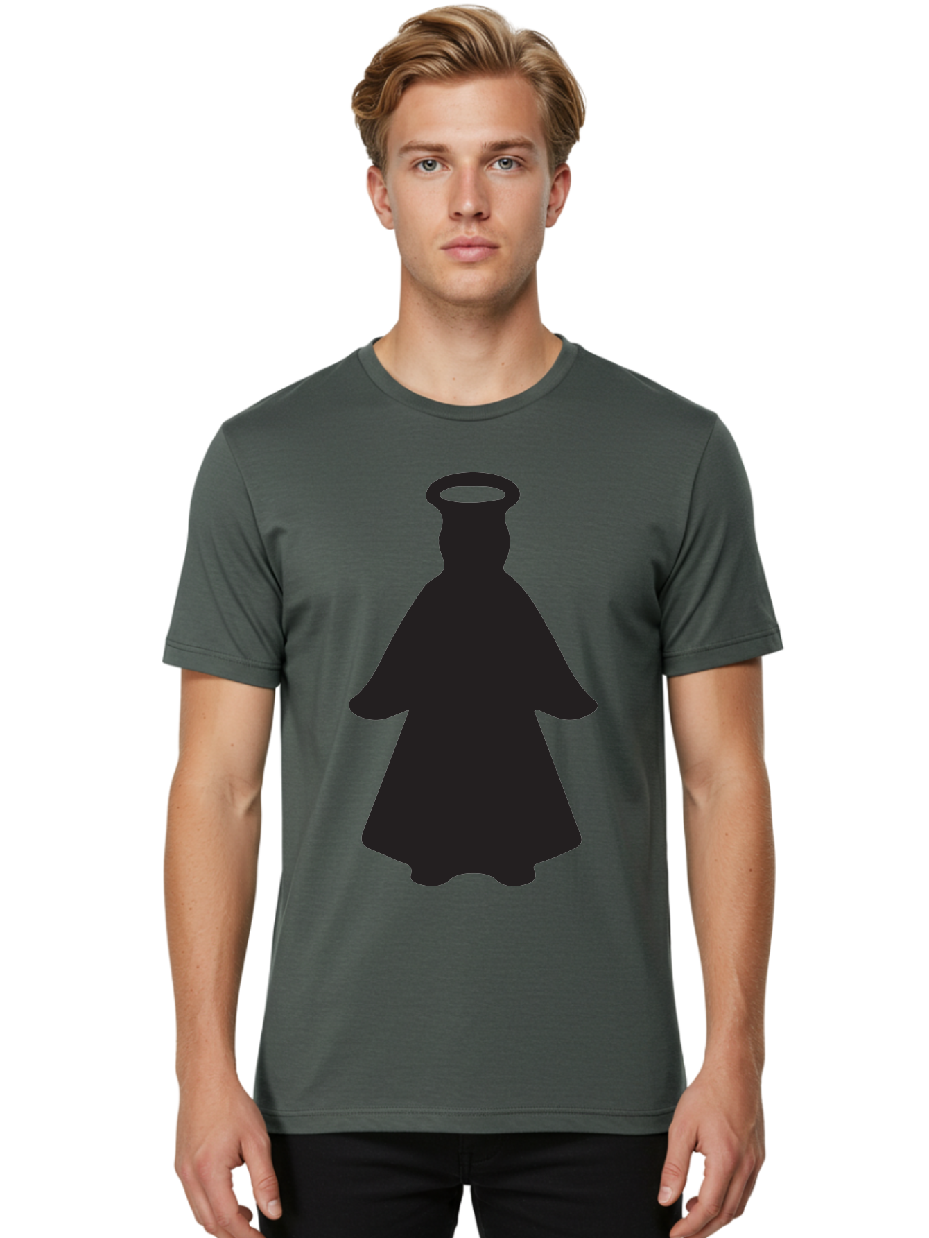 Angel-Silhouette Men'S Graphic Tee, 100% Cotton, Comfortable Casual Summer Wear, Machine Washable, Angel Silhouette, Divine Being, Spiritual Figure, Halo Effect, Faith Symbol, Religious Icon, Sacred Imagery, Guardian Angel, Mystic Character Aac475