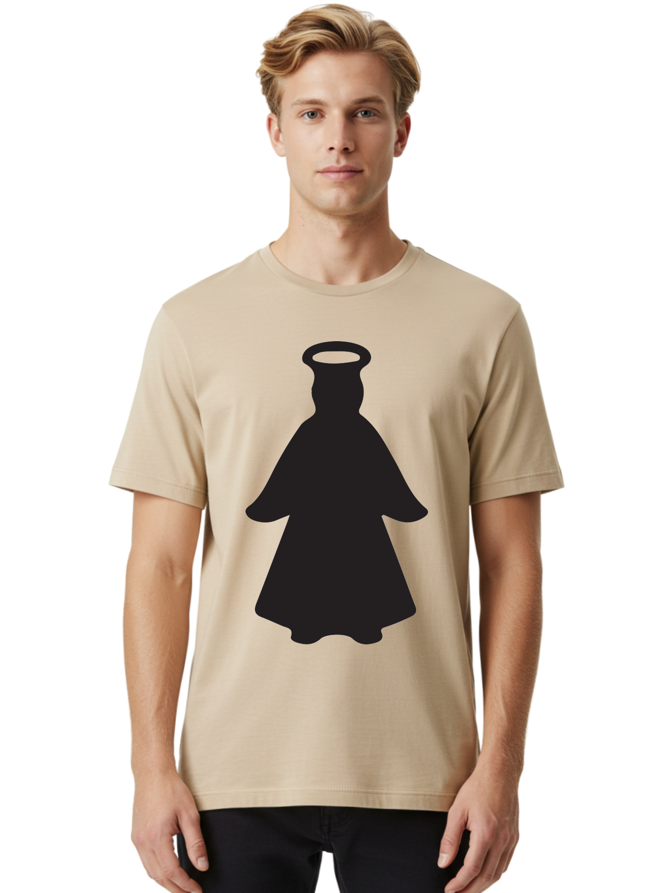 Angel-Silhouette Men'S Graphic Tee, 100% Cotton, Comfortable Casual Summer Wear, Machine Washable, Angel Silhouette, Divine Being, Spiritual Figure, Halo Effect, Faith Symbol, Religious Icon, Sacred Imagery, Guardian Angel, Mystic Character Aac475