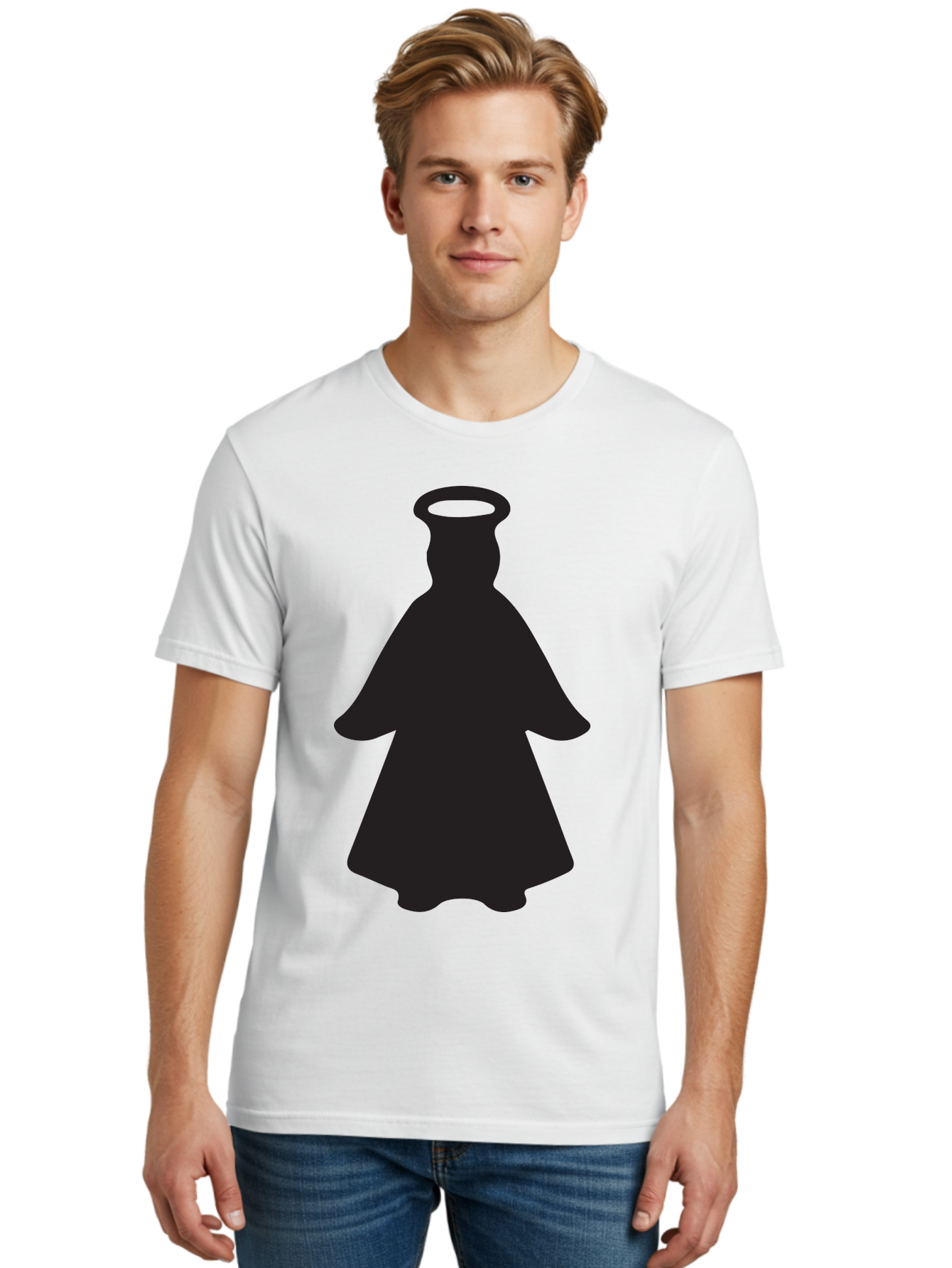 Angel-Silhouette Men'S Graphic Tee, 100% Cotton, Comfortable Casual Summer Wear, Machine Washable, Angel Silhouette, Divine Being, Spiritual Figure, Halo Effect, Faith Symbol, Religious Icon, Sacred Imagery, Guardian Angel, Mystic Character Aac475