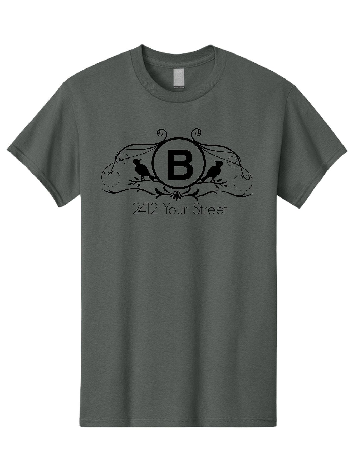 B-2412-Your-Street Men'S Graphic Tee, 100% Cotton, Comfortable Casual Summer Wear, Machine Washable, Vintage Logo, Stylized Letter B, Birds On Branches, Ornate Design, Classic Typography, Address Label, Elegant Branding, Custom Illustration Aac481