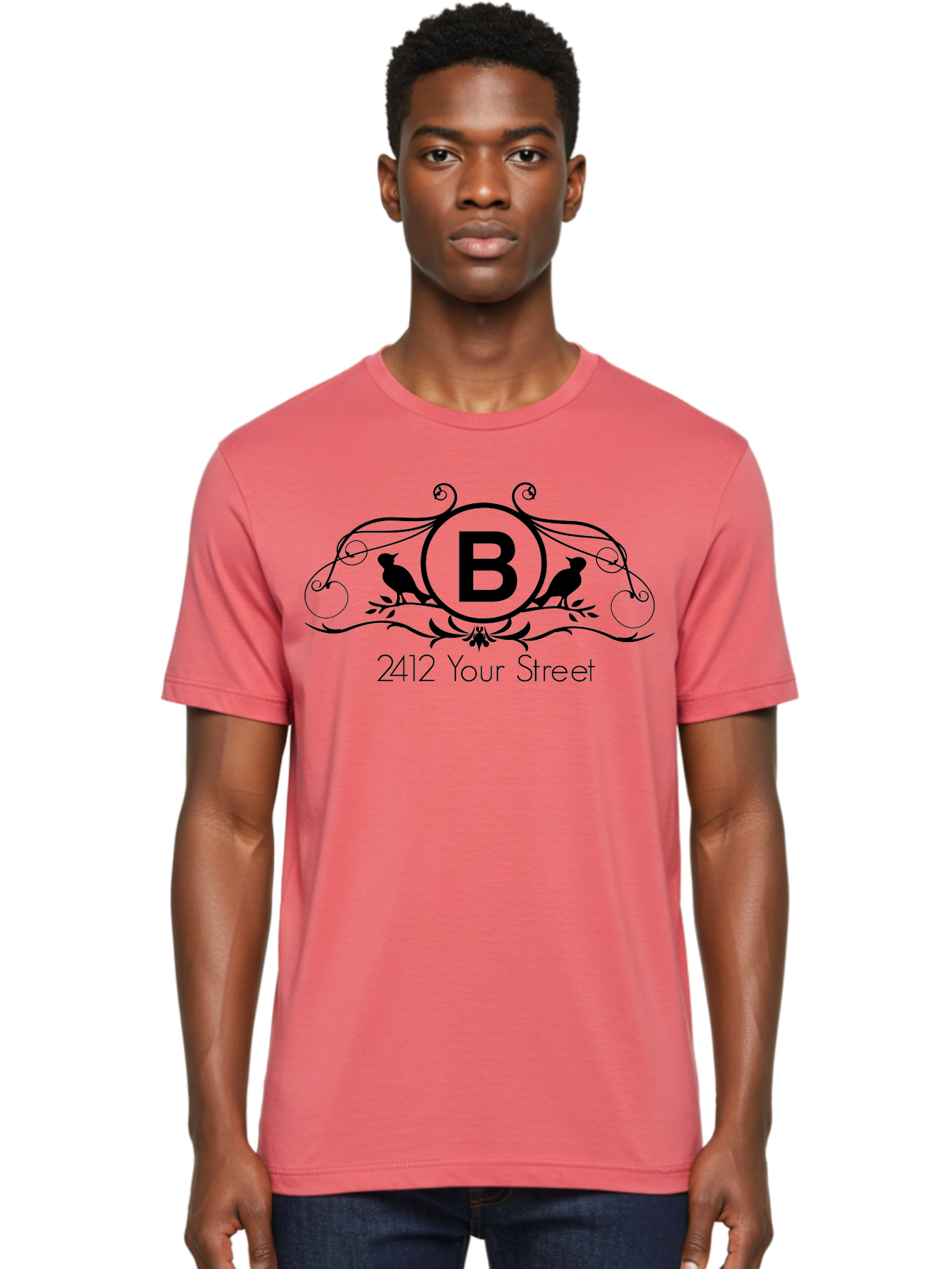 B-2412-Your-Street Men'S Graphic Tee, 100% Cotton, Comfortable Casual Summer Wear, Machine Washable, Vintage Logo, Stylized Letter B, Birds On Branches, Ornate Design, Classic Typography, Address Label, Elegant Branding, Custom Illustration Aac481