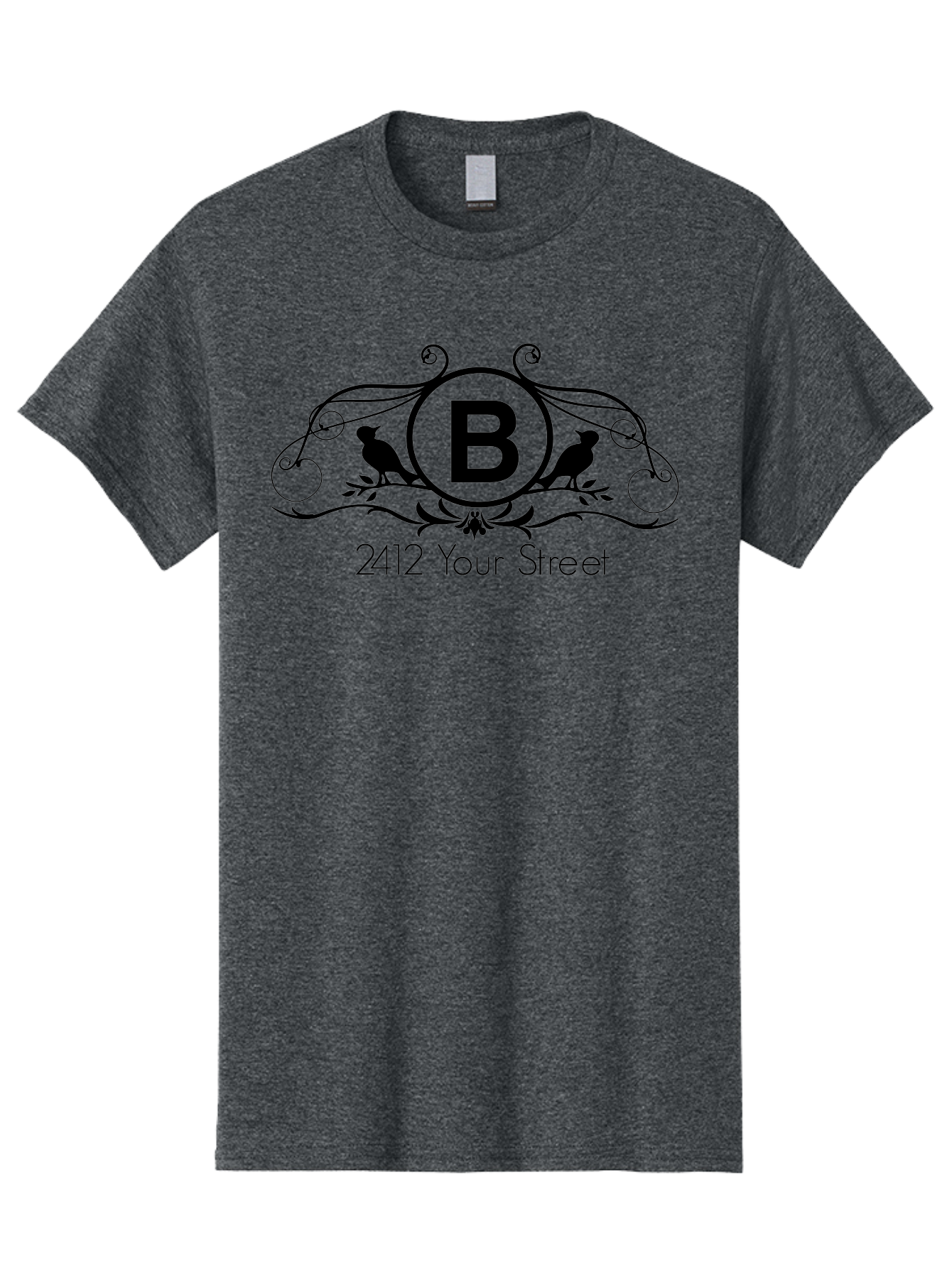B-2412-Your-Street Men'S Graphic Tee, 100% Cotton, Comfortable Casual Summer Wear, Machine Washable, Vintage Logo, Stylized Letter B, Birds On Branches, Ornate Design, Classic Typography, Address Label, Elegant Branding, Custom Illustration Aac481